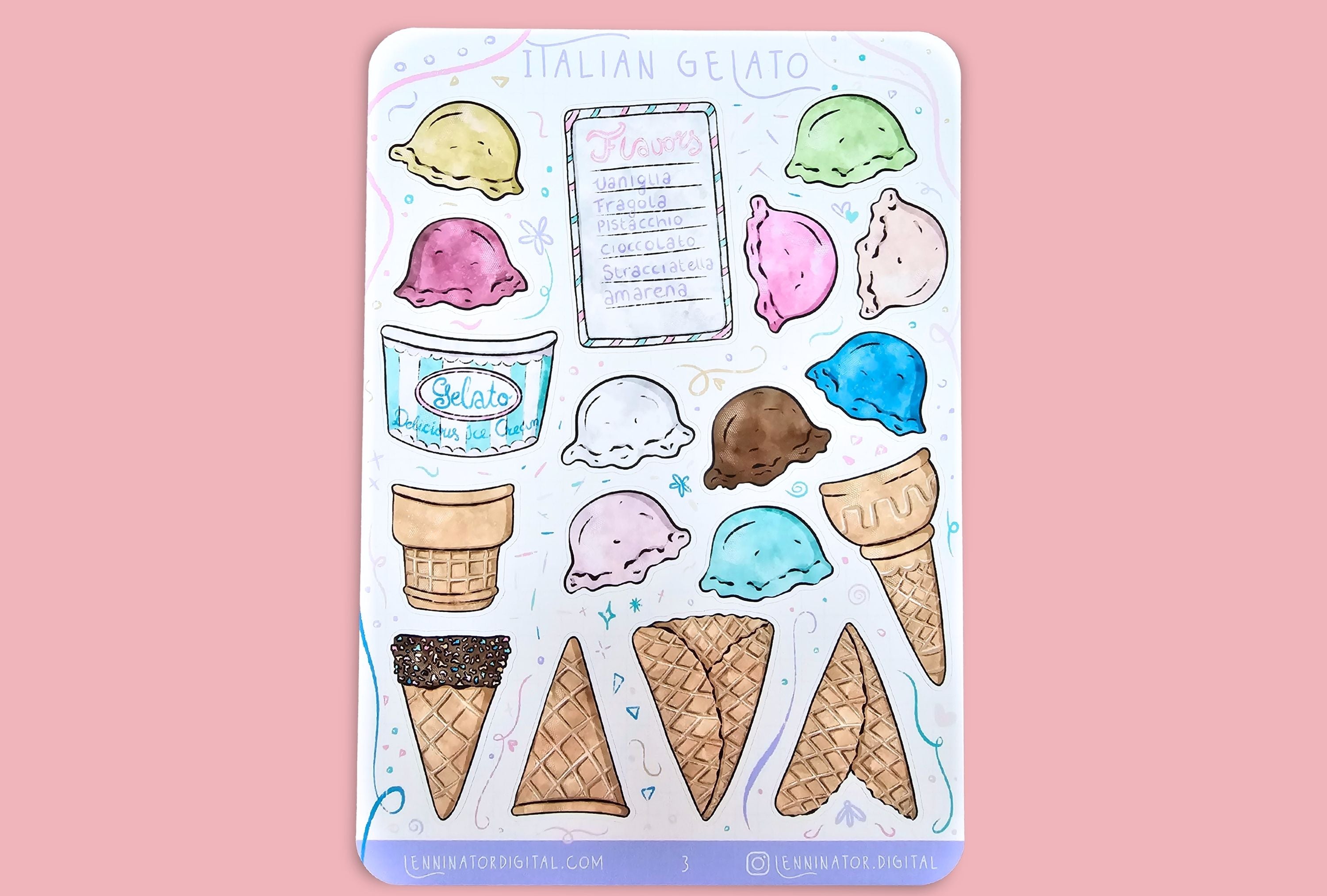 Sheet of ice cream-themed stickers with waffle cones on a pink background