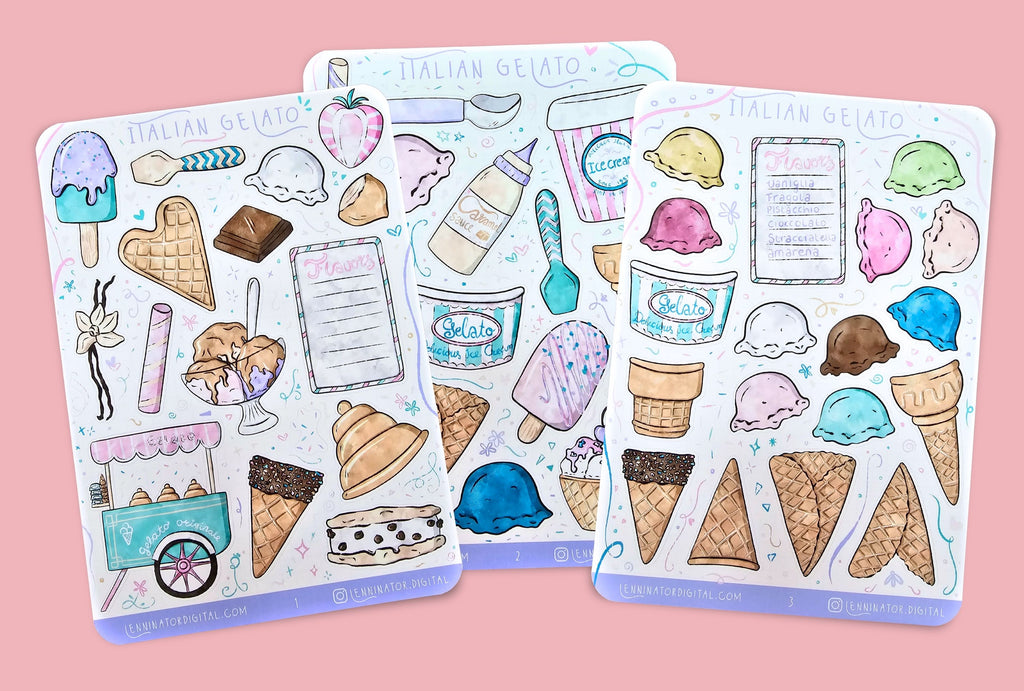 Three sheets of ice cream-themed stickers on a textured surface
