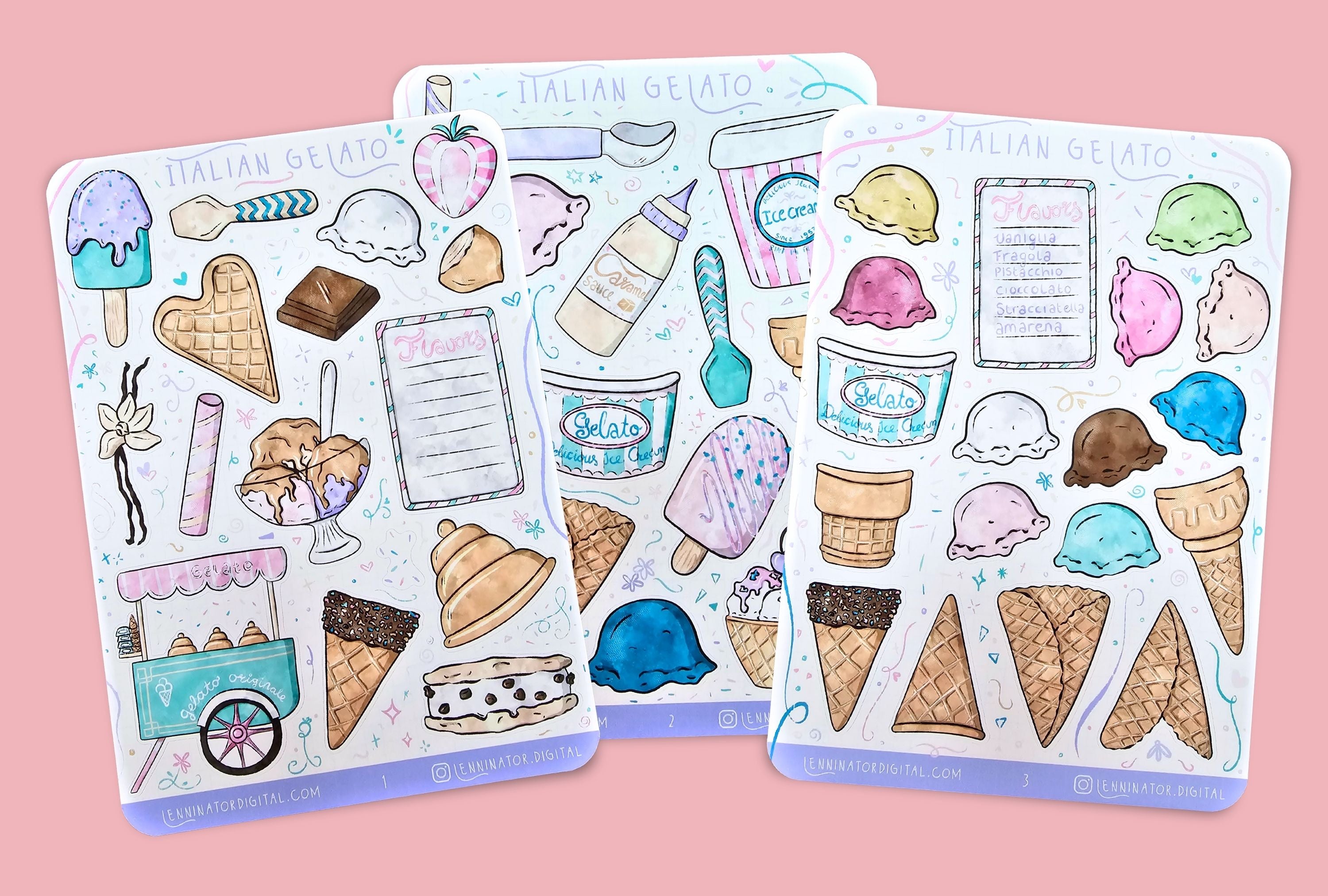 Three sheets of ice cream-themed stickers on a textured surface