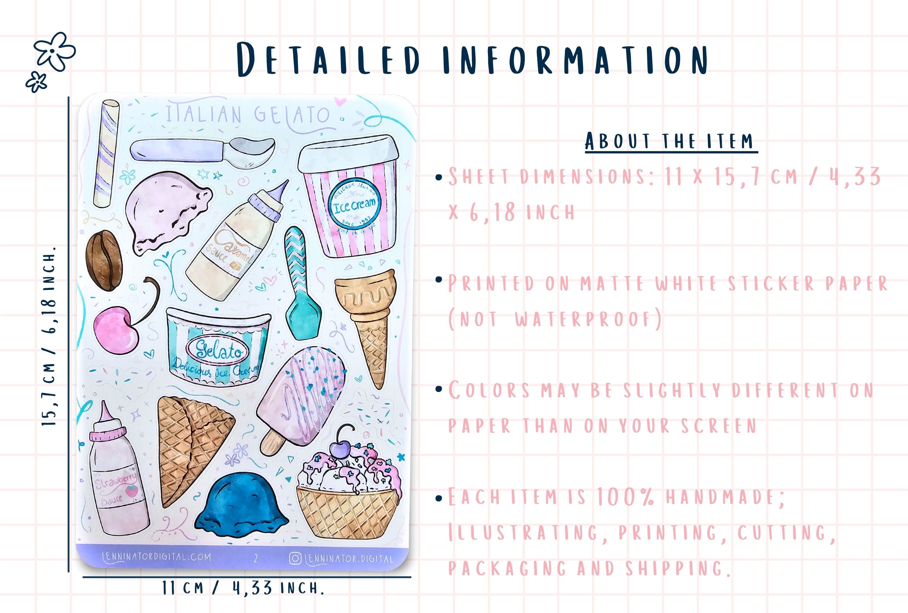 Sticker sheet with ice cream-themed designs and product details on a white background.