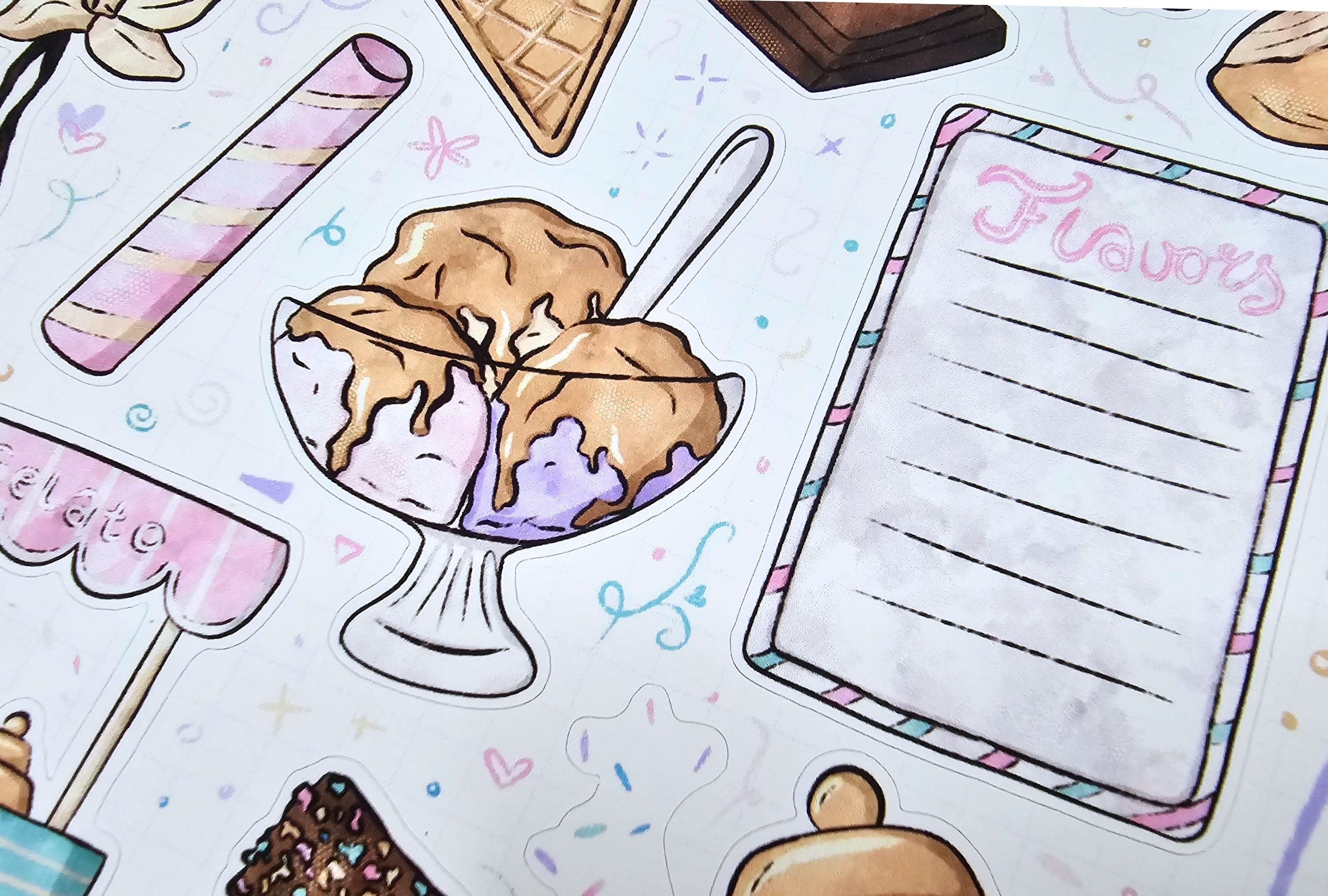 Colorful ice cream-themed stationery set with a dessert illustration and 'Flavors' list.