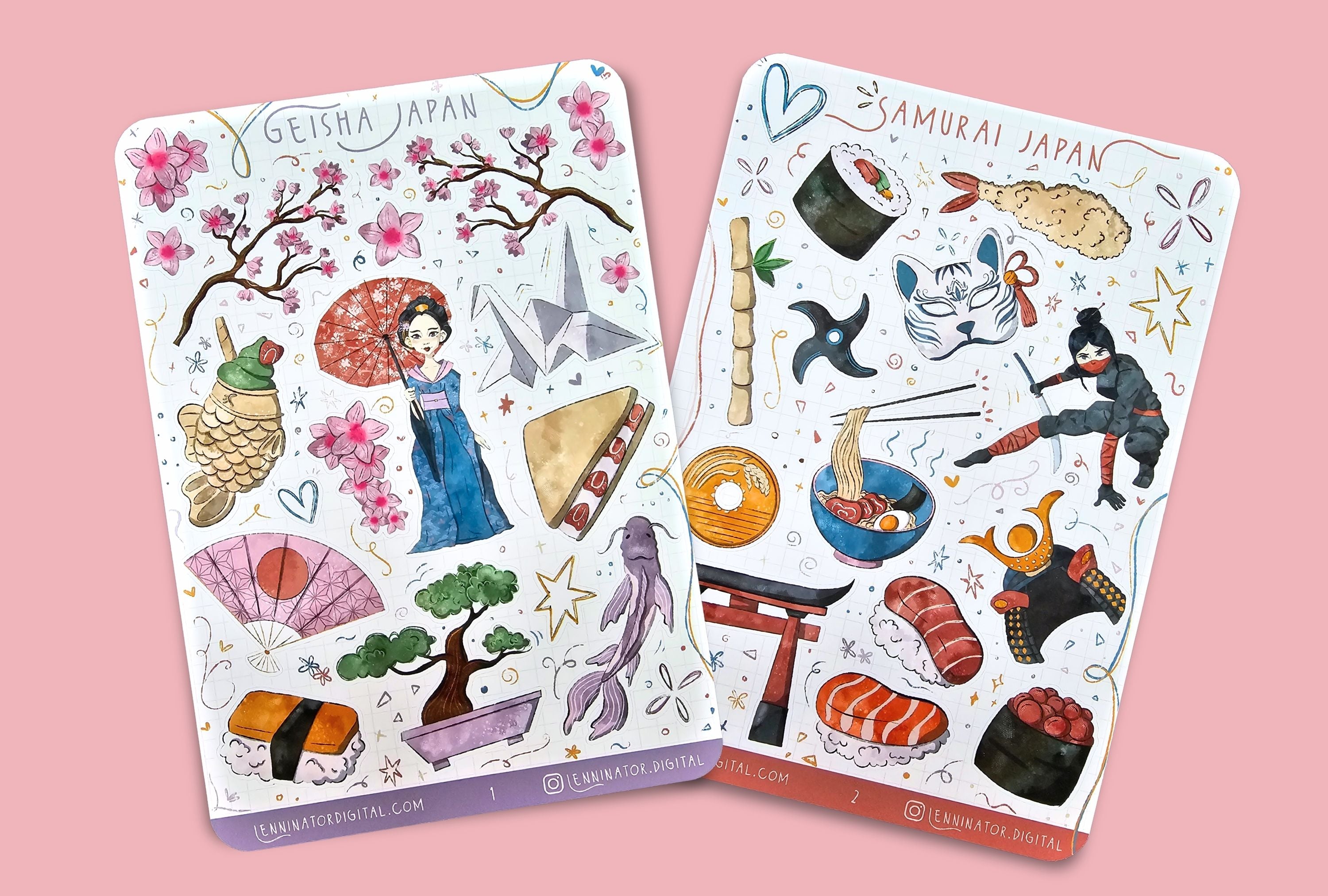 Set of two Japan sticker sheets. One in Geisha theme with a Geisha girl, Sakura / Cherry Blossom, Matcha ice cream, origami, strawberry cream sandwich, koi fish, bonsai tree, sushi in pink colors. Second in Samurai / Ninja theme with a ninja, Ninja star, bamboo, sushi, tempura, kitsune mask, lucky coin, ramen noodles bowl, Samurai helmet, and Torii