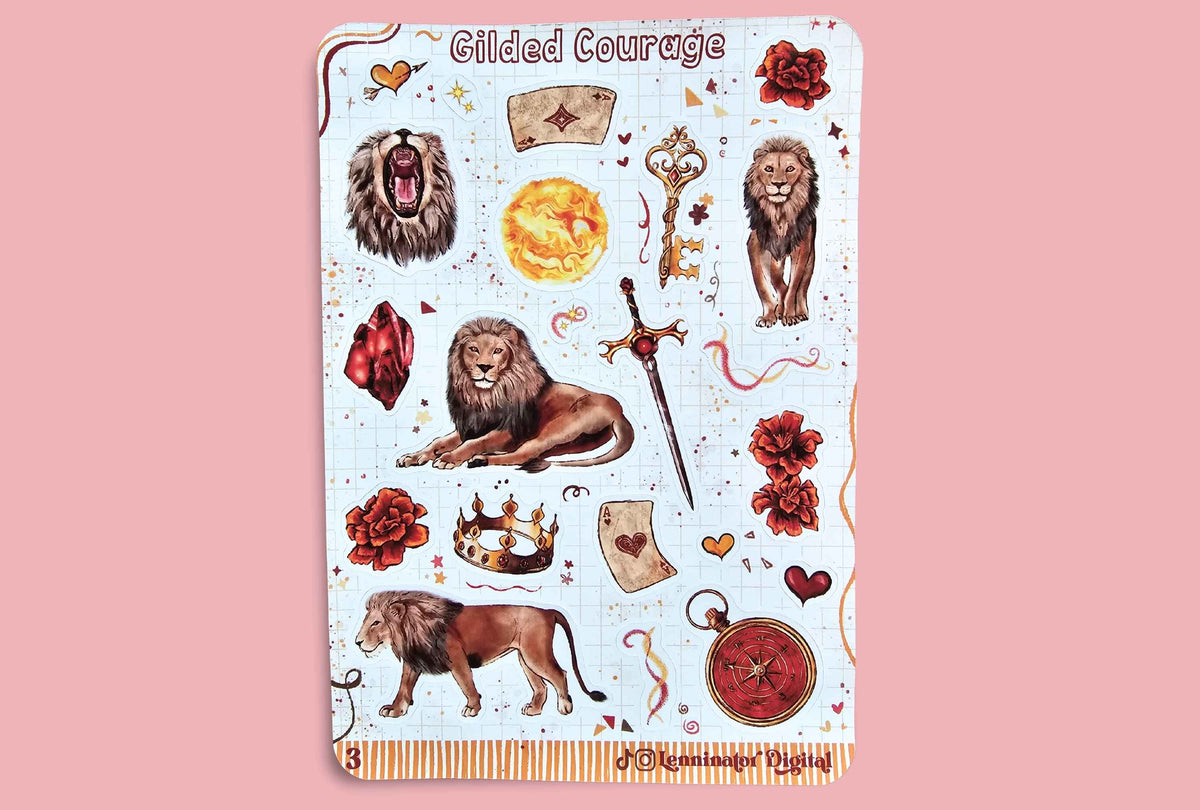 A rectangular sticker sheet featuring various lion-themed illustrations, including lions, a sword, crown, pocket watch, and roses, on a light blue grid background with the title 'Gilded Courage' at the top, displayed against a solid pink background.