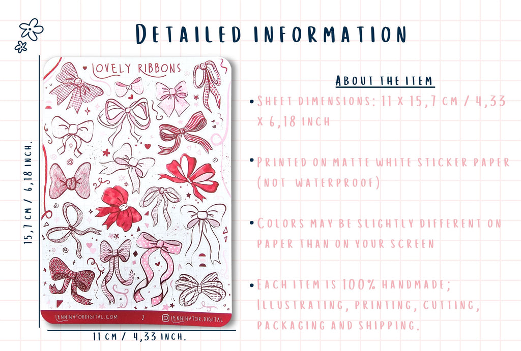 Sheet of decorative ribbons with dimensions and material details on a white background