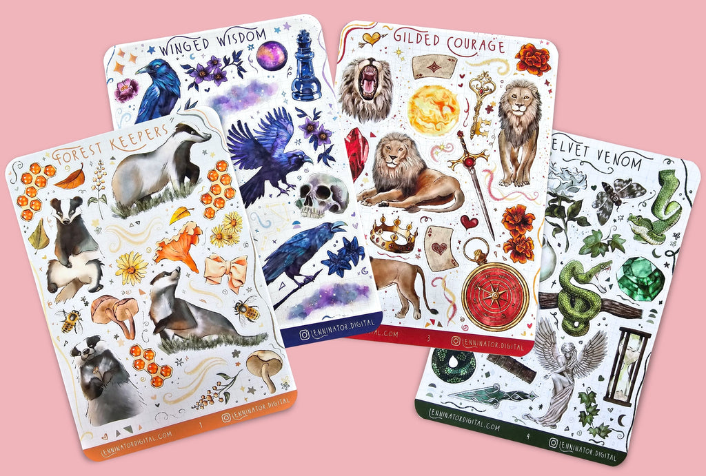 Four sticker sheets with various animal designs on a pink background. Fantasy stickers of badgers, ravens, lions and snakes.