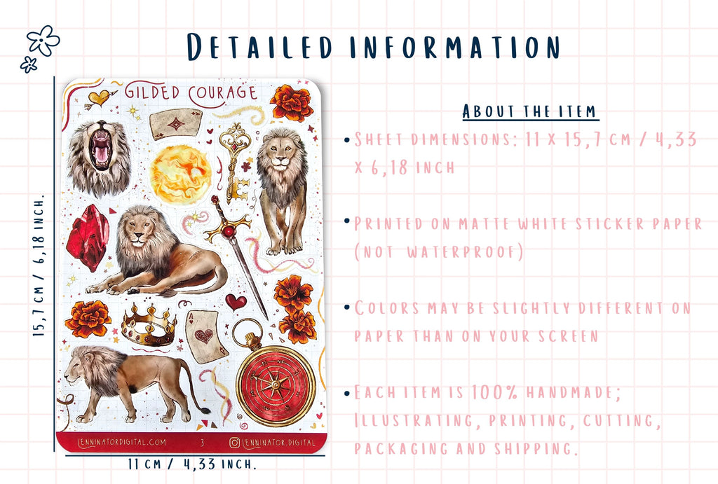Sticker sheet with lion illustrations and product details on a white background