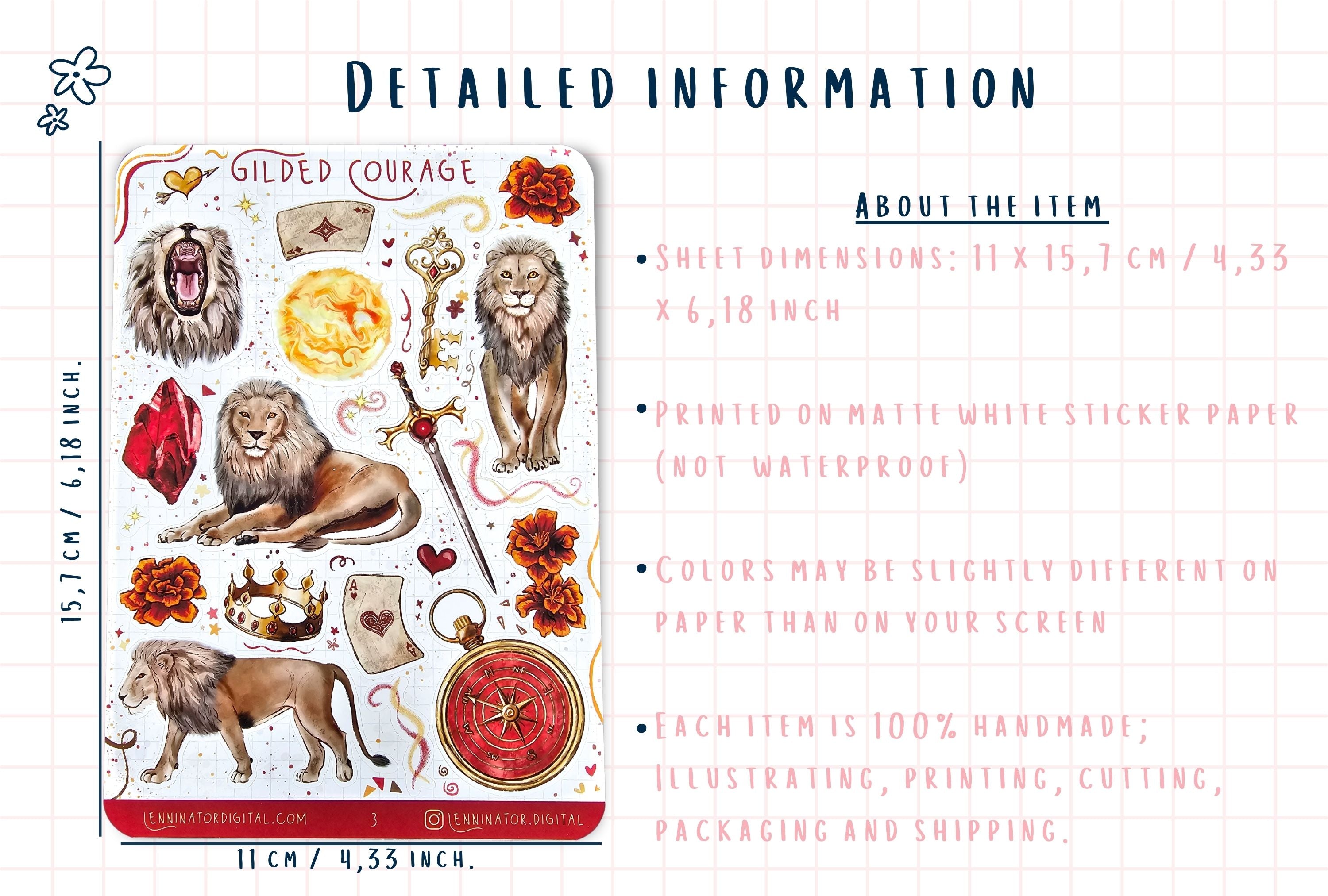 Sticker sheet with lion illustrations and product details on a white background