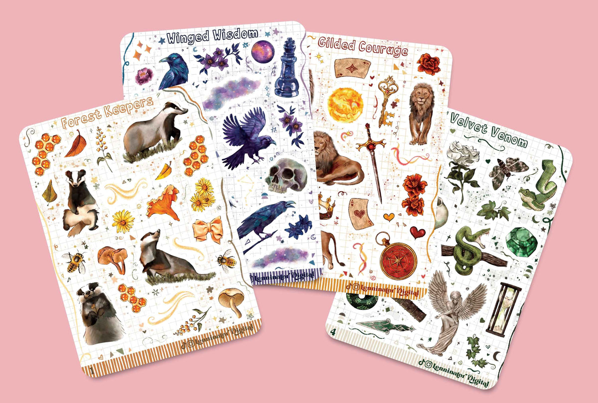 Four illustrated sticker sheets fanned out on a pink background, featuring woodland and mystical designs including a raven, magpie, lion, snake, badger, chess piece, and text such as 'Forest Keeper,' 'Winged Wisdom,' 'Guided Courage,' and 'Velvet Venom.'.