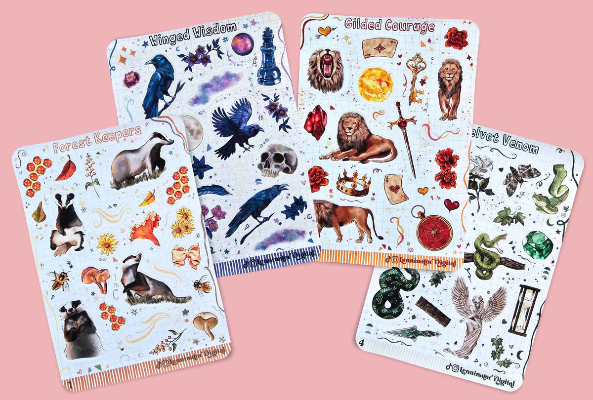 Four decorative sticker sheets arranged on a pink background, featuring whimsical animal and nature illustrations such as crows, lions, badgers, snakes, mushrooms, and stars. The sheets have titles including 'Winged Wisdom,' 'Gilded Courage,' and 'Forest Keeper.
