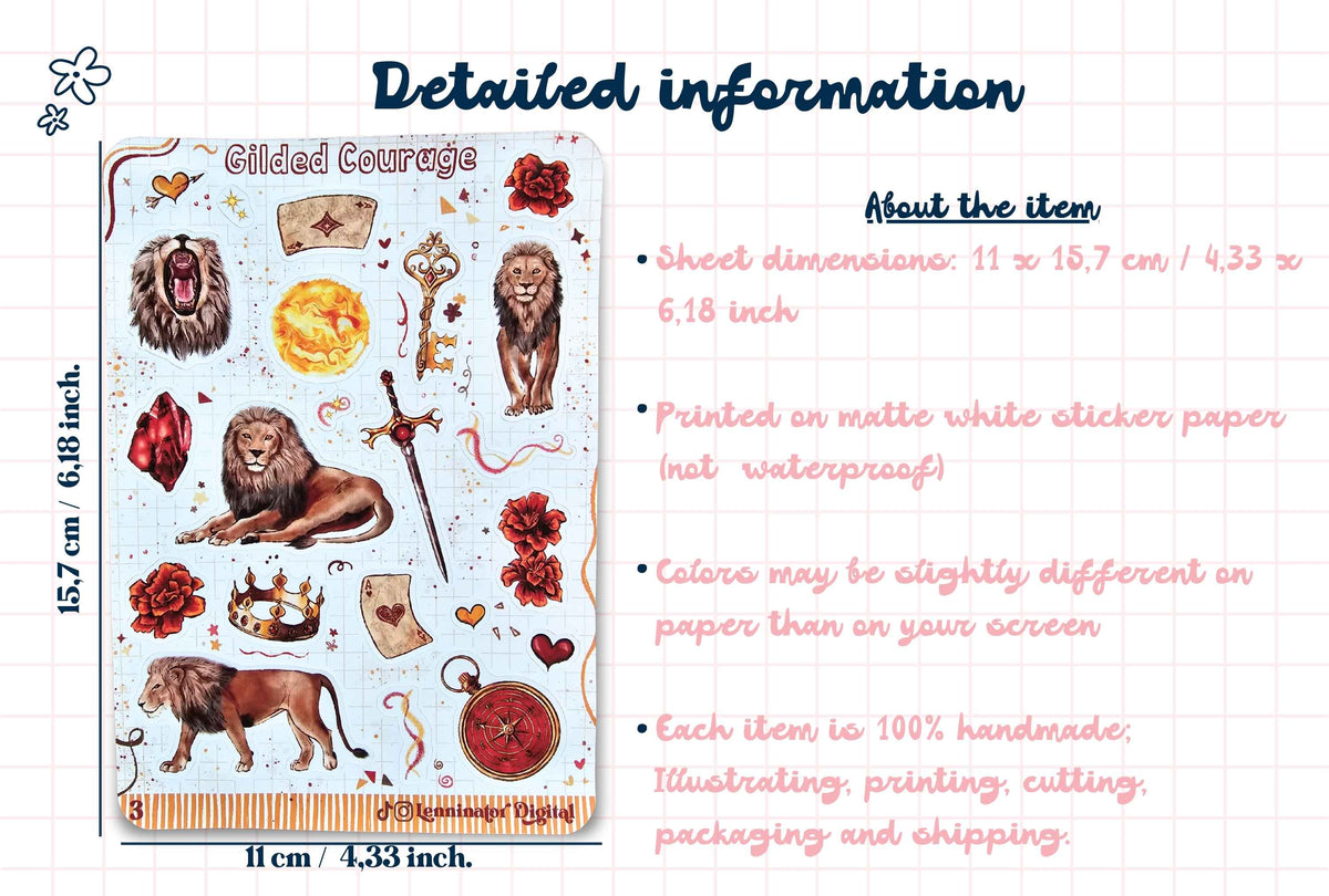 A product information graphic for 'Gilded Courage' sticker sheets, showing a sample sheet of lion and rose stickers on the left and text detailing the sheet dimensions (11 x 15.7 cm / 4.