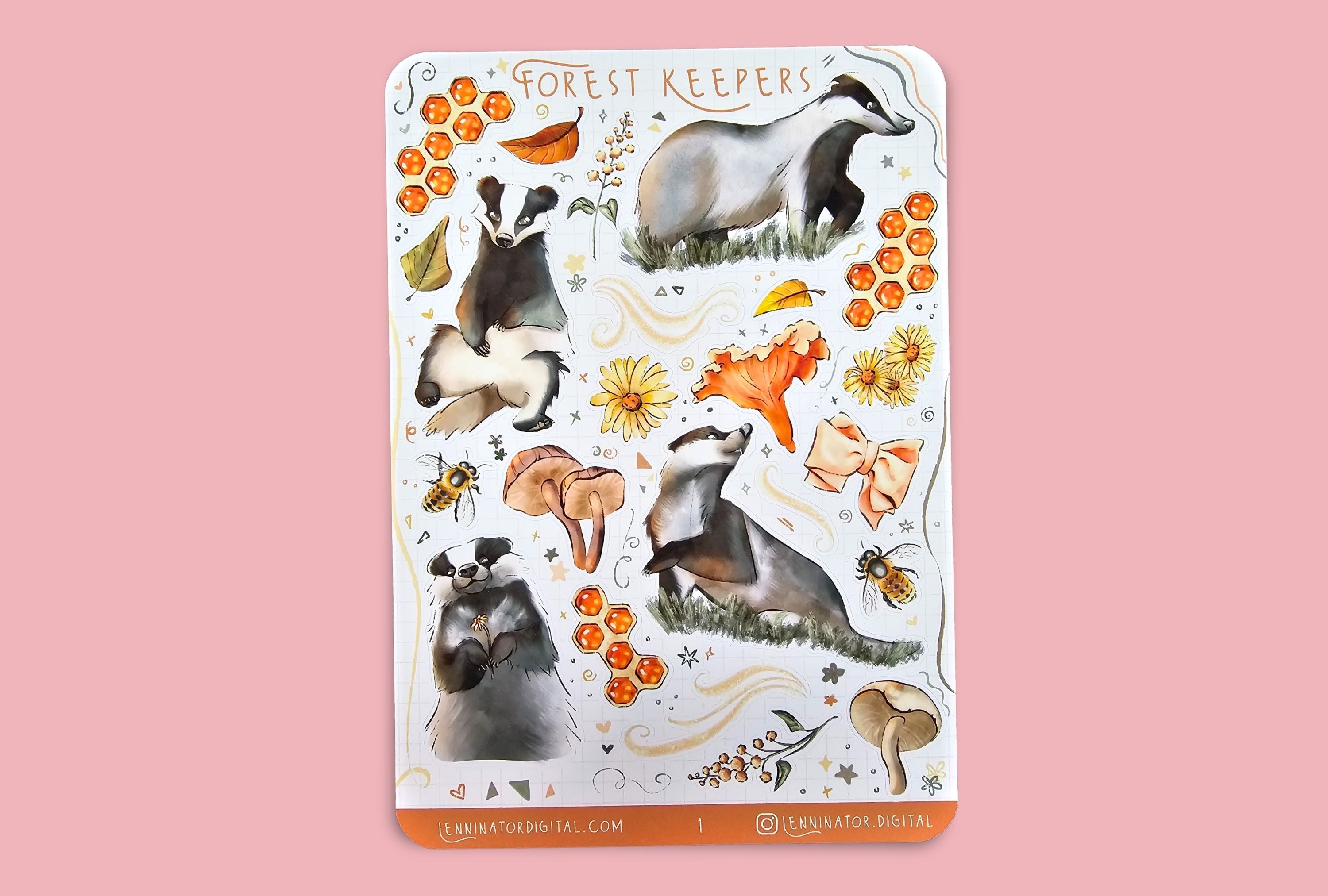 Sticker sheet with forest-themed illustrations and badgers on a pink background in amber, orange and yellow colors.