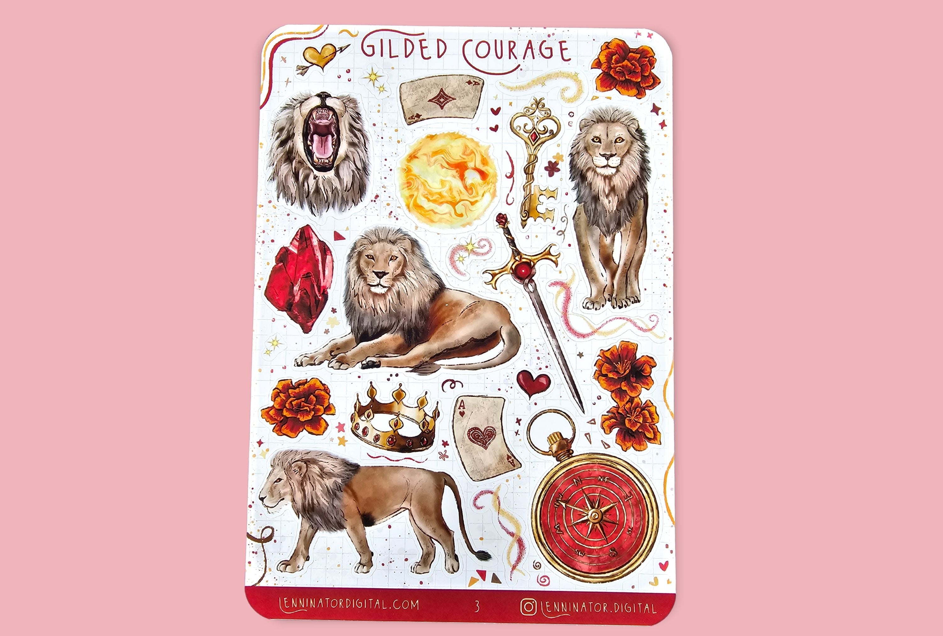 Sticker sheet with lions, keys, and other symbols on a pink background in red and gold colors.