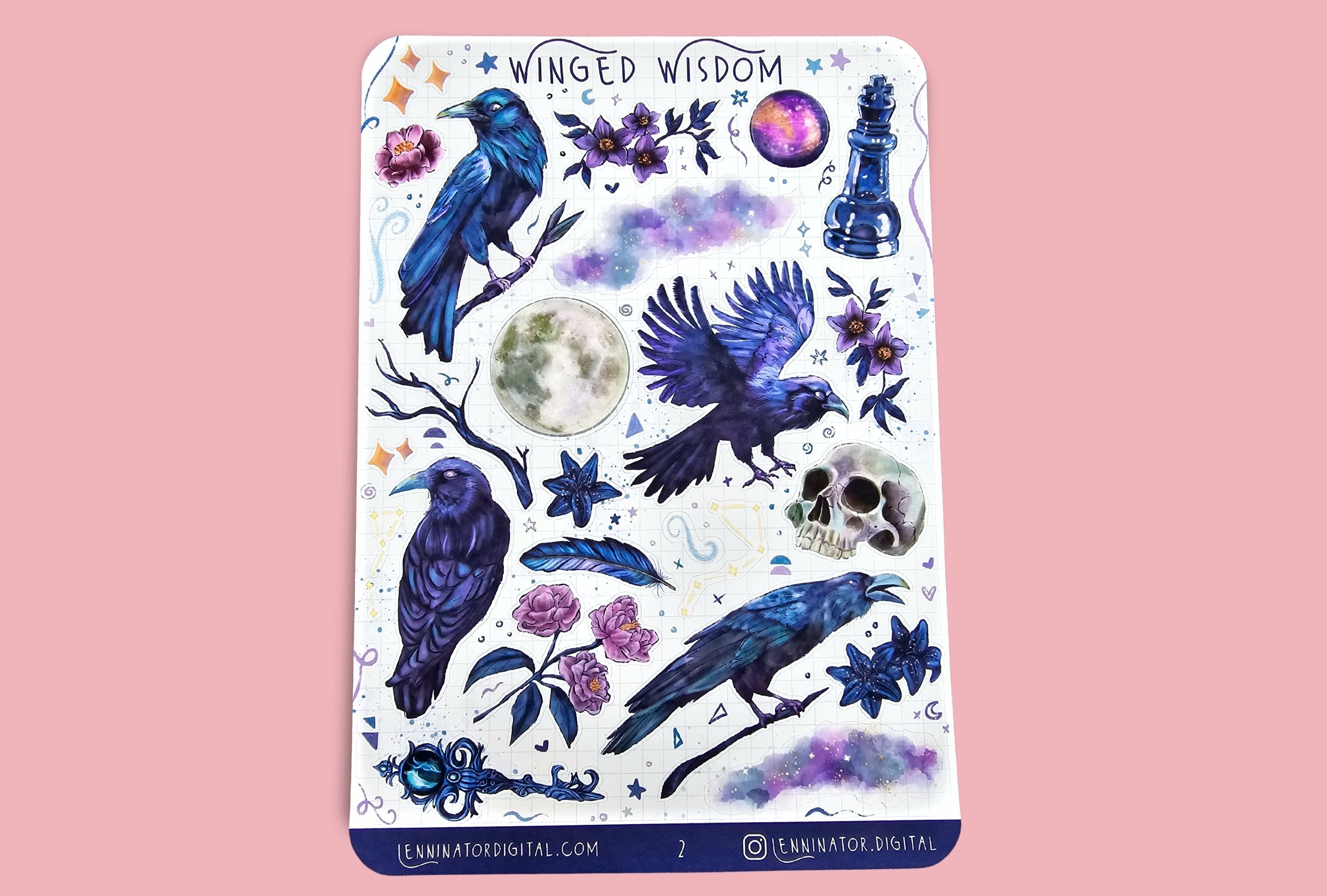 Sticker sheet with blue birds, flowers, and a skull on a pink background