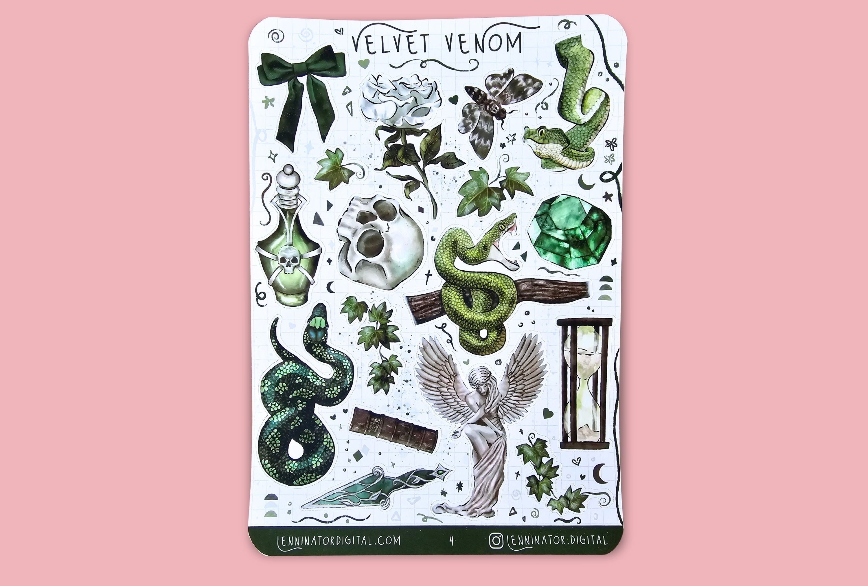 Sticker sheet with illustrations of a snake, bow, and other elements on a pink background in green and ivory white.