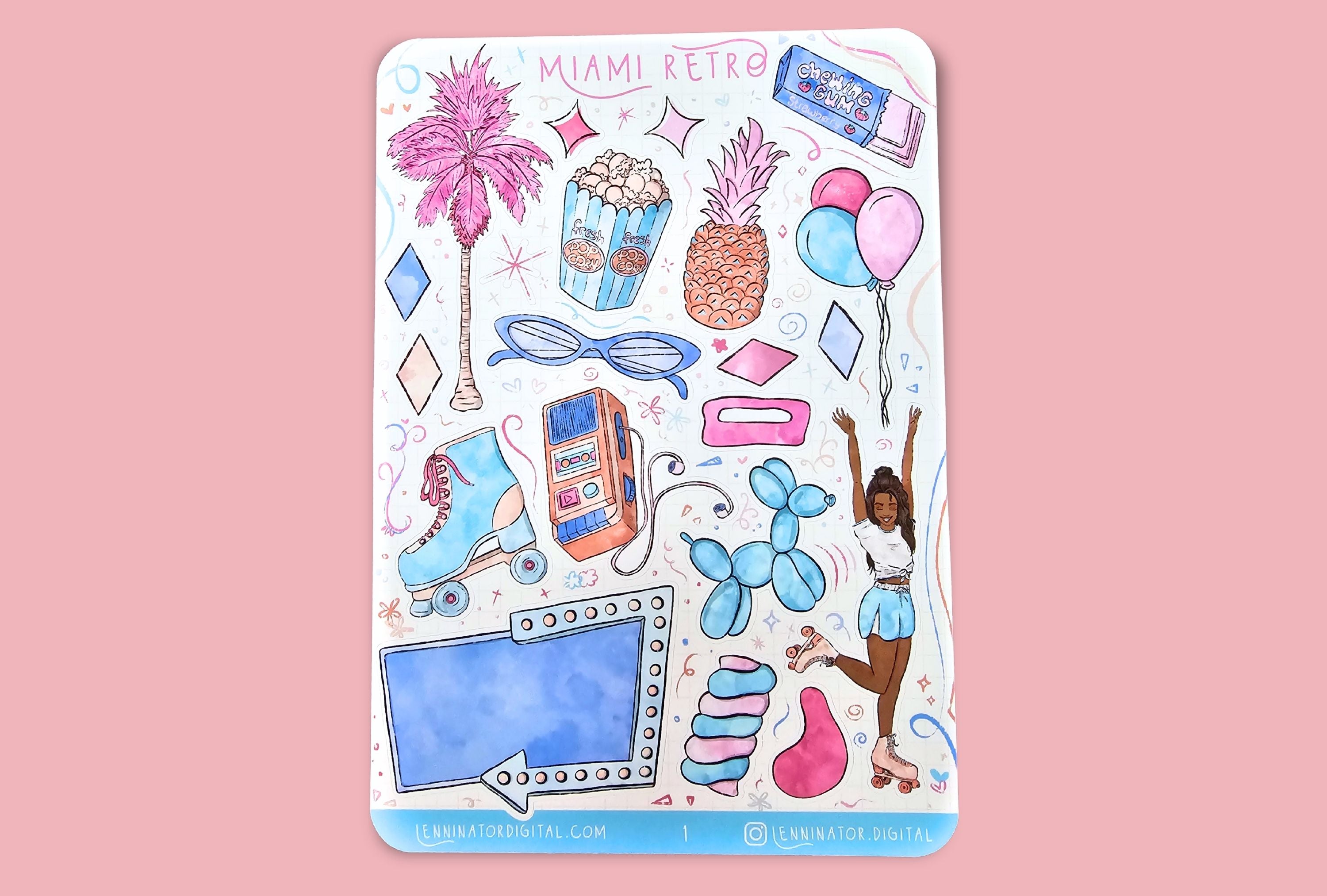 Sticker sheet with colorful illustrations of miami summer elements on a white background with palm leaves.