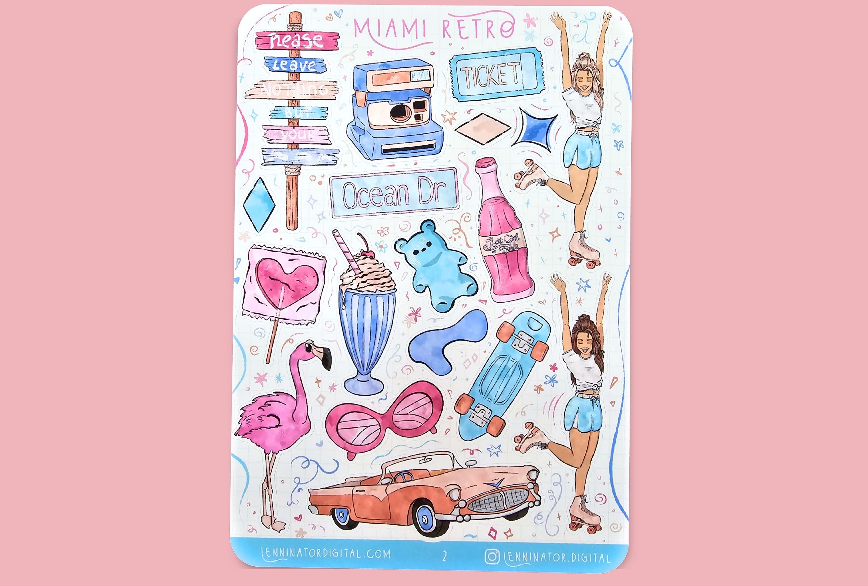 Sticker sheet with colorful hot girl summer illustrations on a white background with tropical elements.