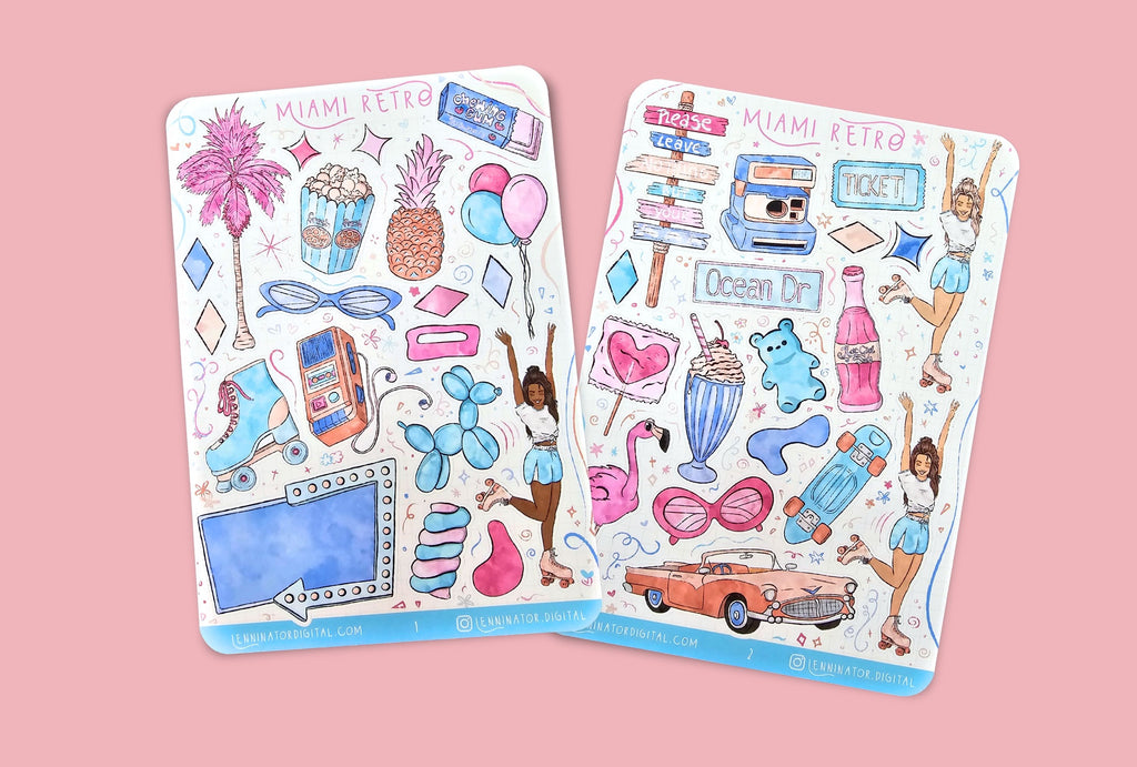 Two sticker sheets with colorful summer graphics on a textured surface