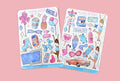 Two sticker sheets with colorful summer graphics on a textured surface