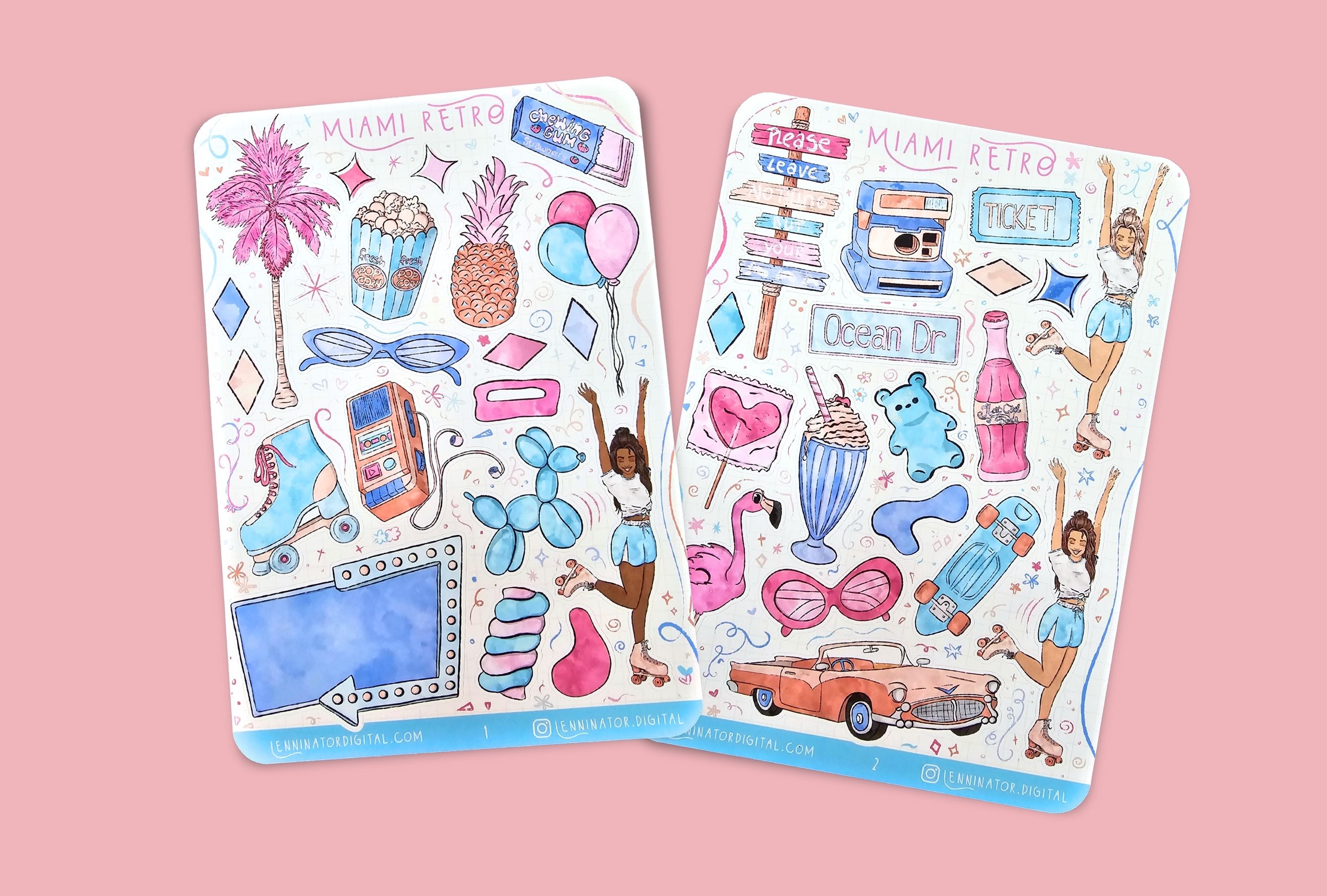 Two sticker sheets with colorful summer graphics on a textured surface