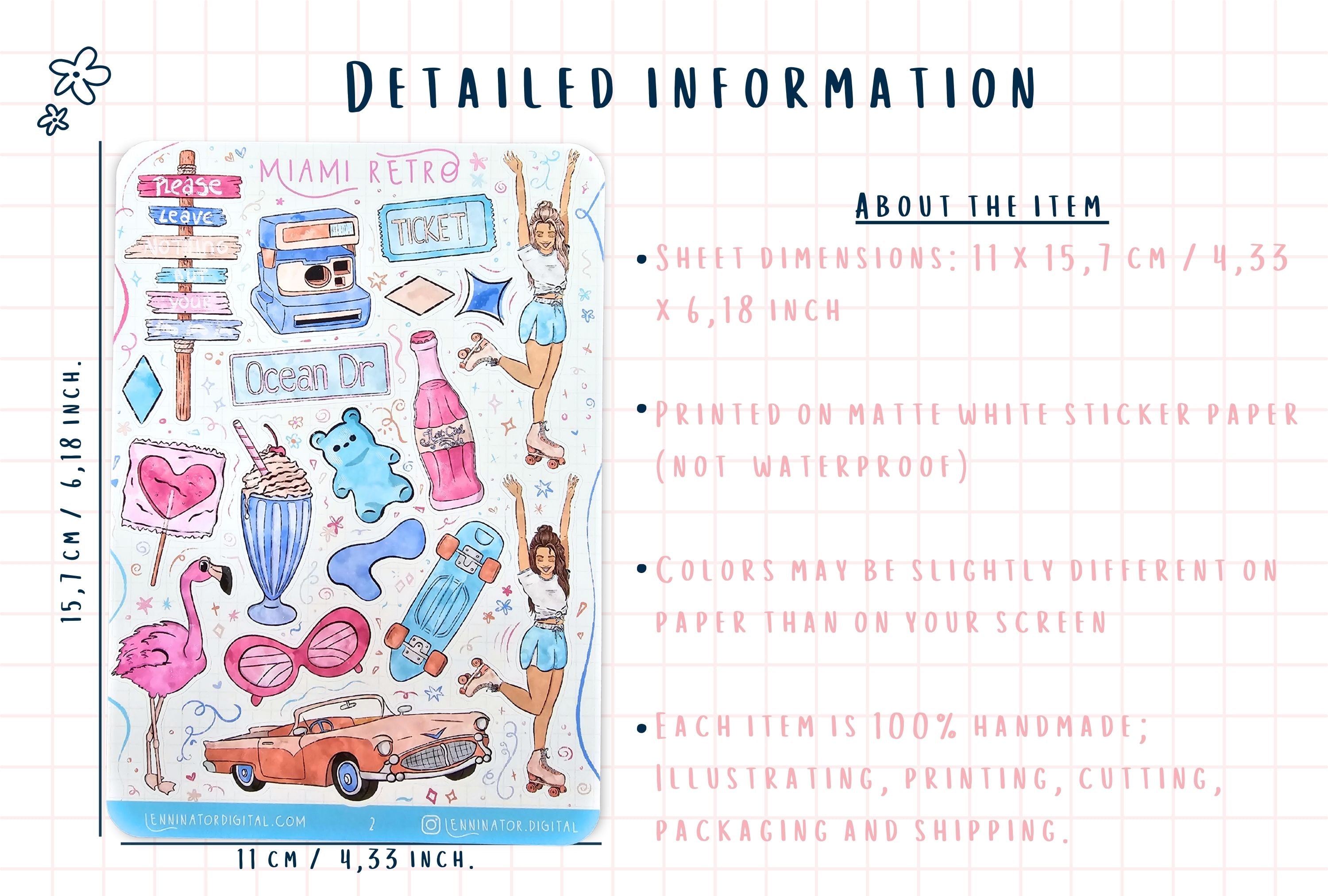 Sticker sheet with colorful illustrations and product details on a white background