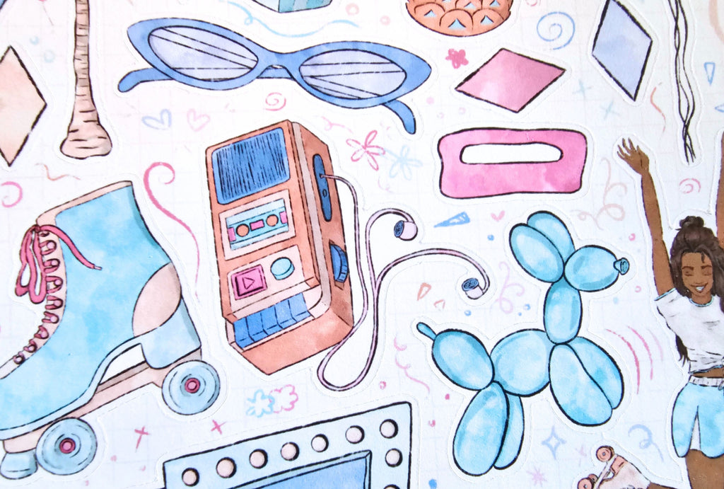 Colorful illustration of a cassette player, roller skates, sunglasses, and a balloon dog on a white background.