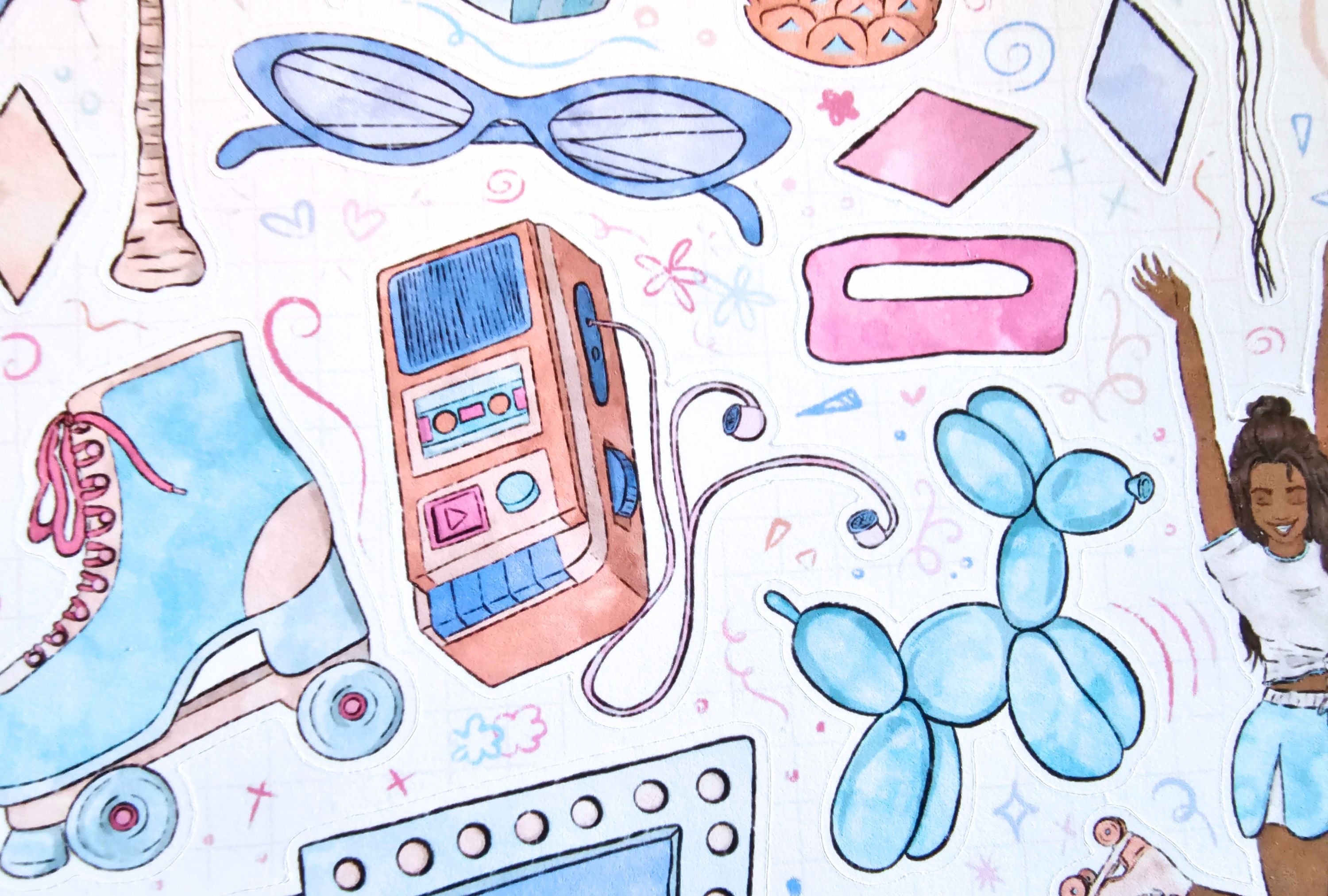 Colorful illustration of a cassette player, roller skates, sunglasses, and a balloon dog on a white background.