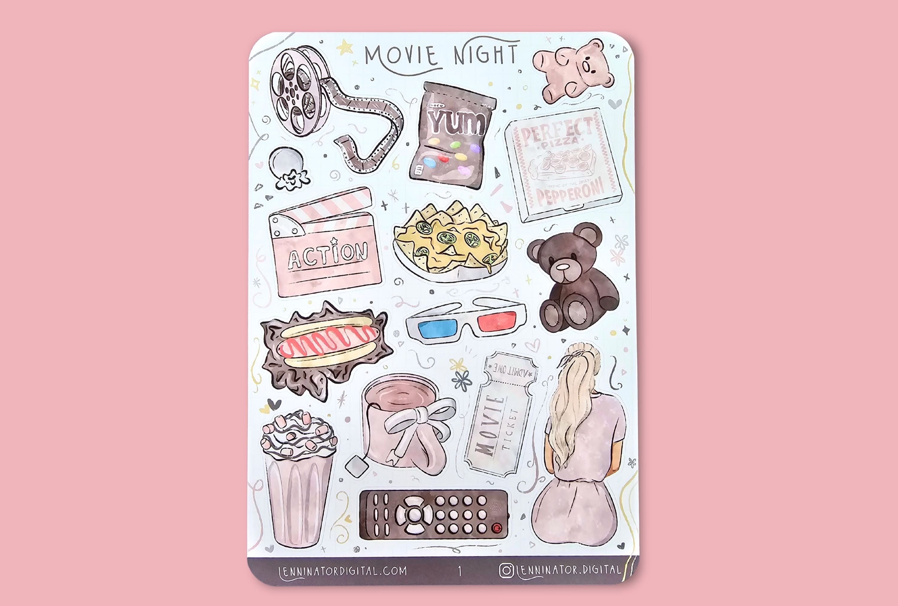  'Movie Night' themed sticker sheets with items as clapperboard and popcorn on a beige background