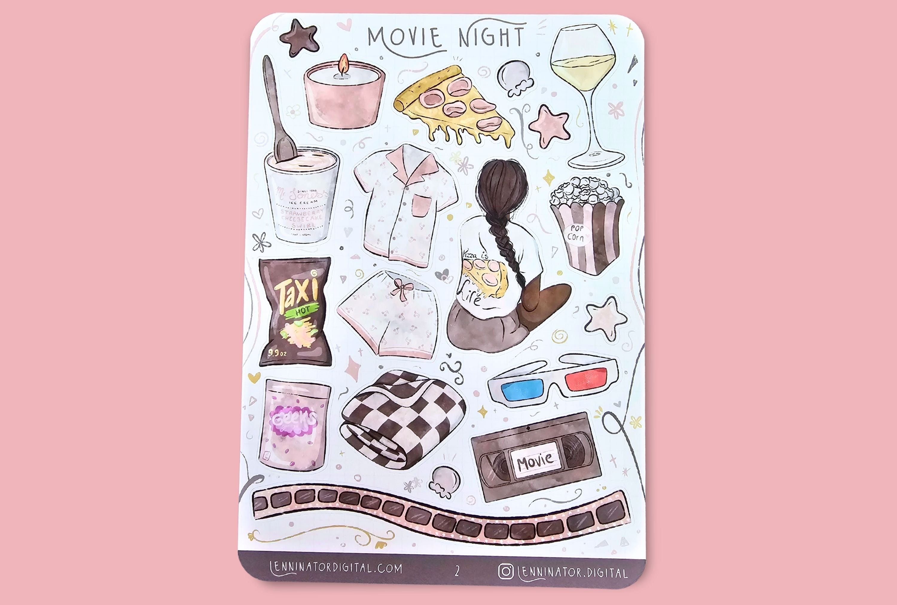 Sticker sheet with movie-themed illustrations on a beige background with popcorn and a clapboard.