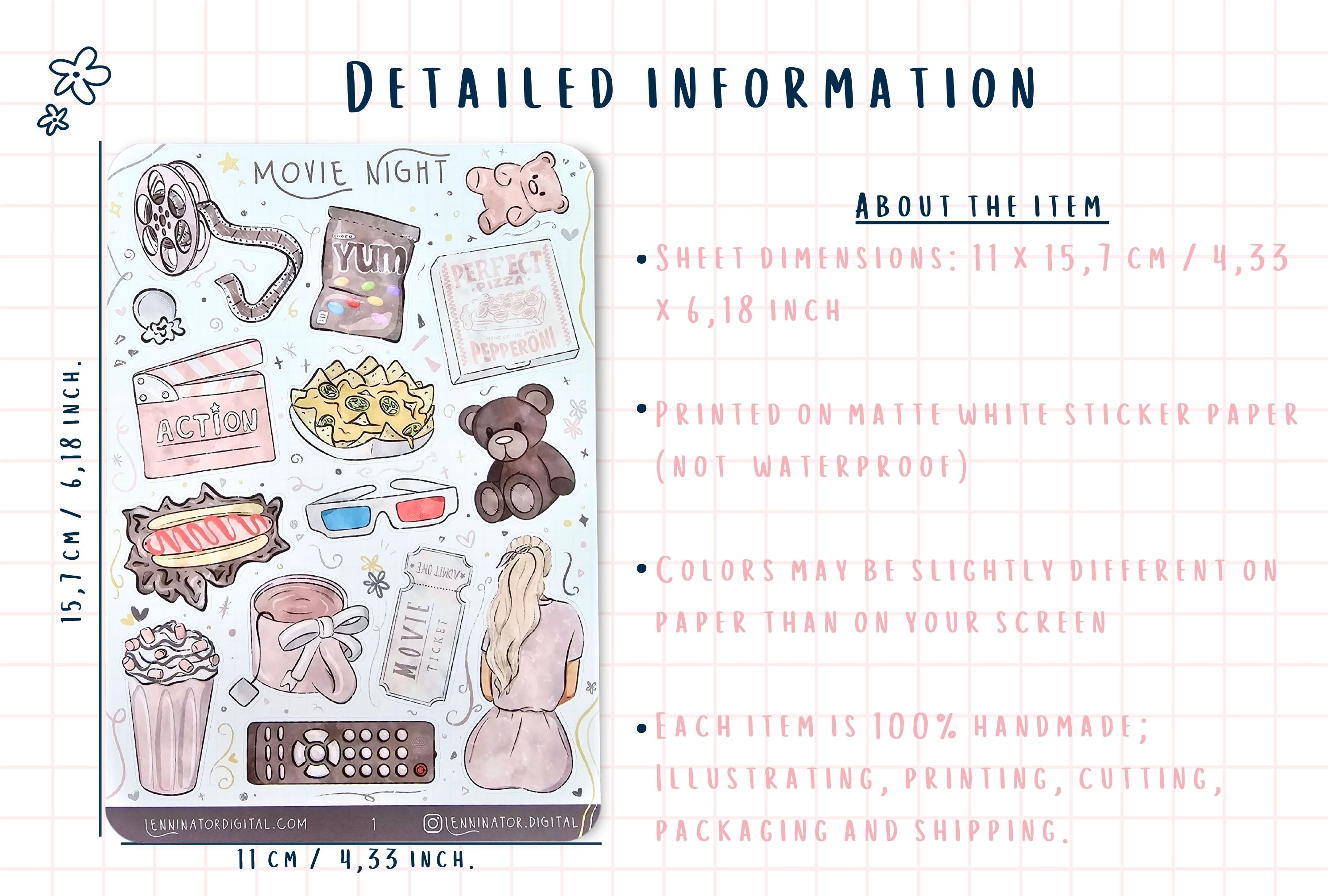 Sticker sheet with movie-themed illustrations and product details on a white background