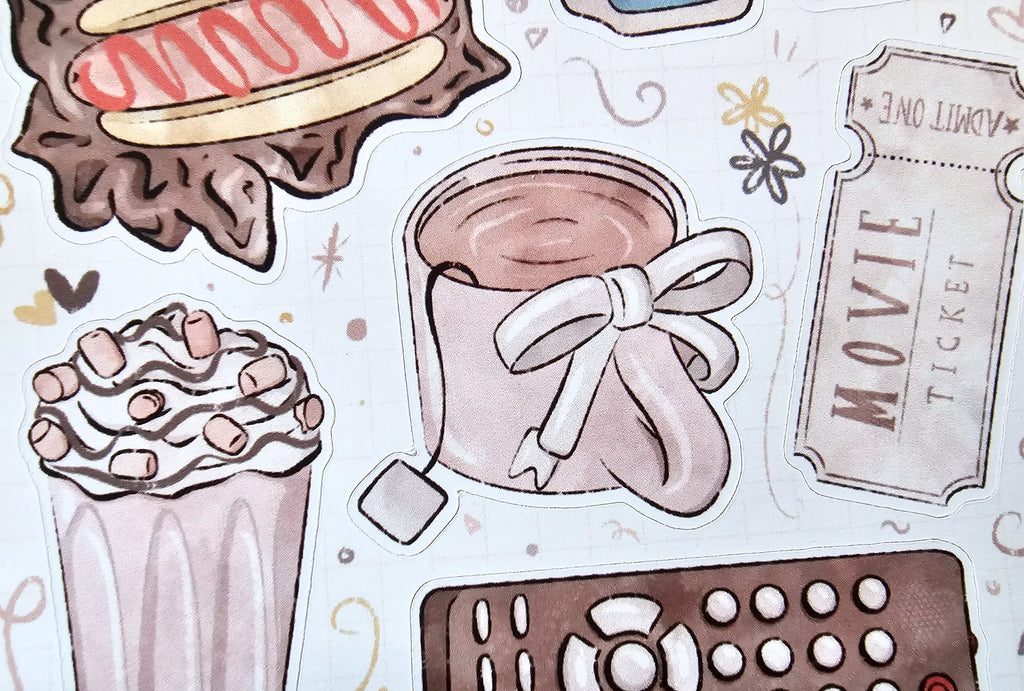 Illustrations of a hot chocolate, ice cream, and movie ticket on a decorative background.
