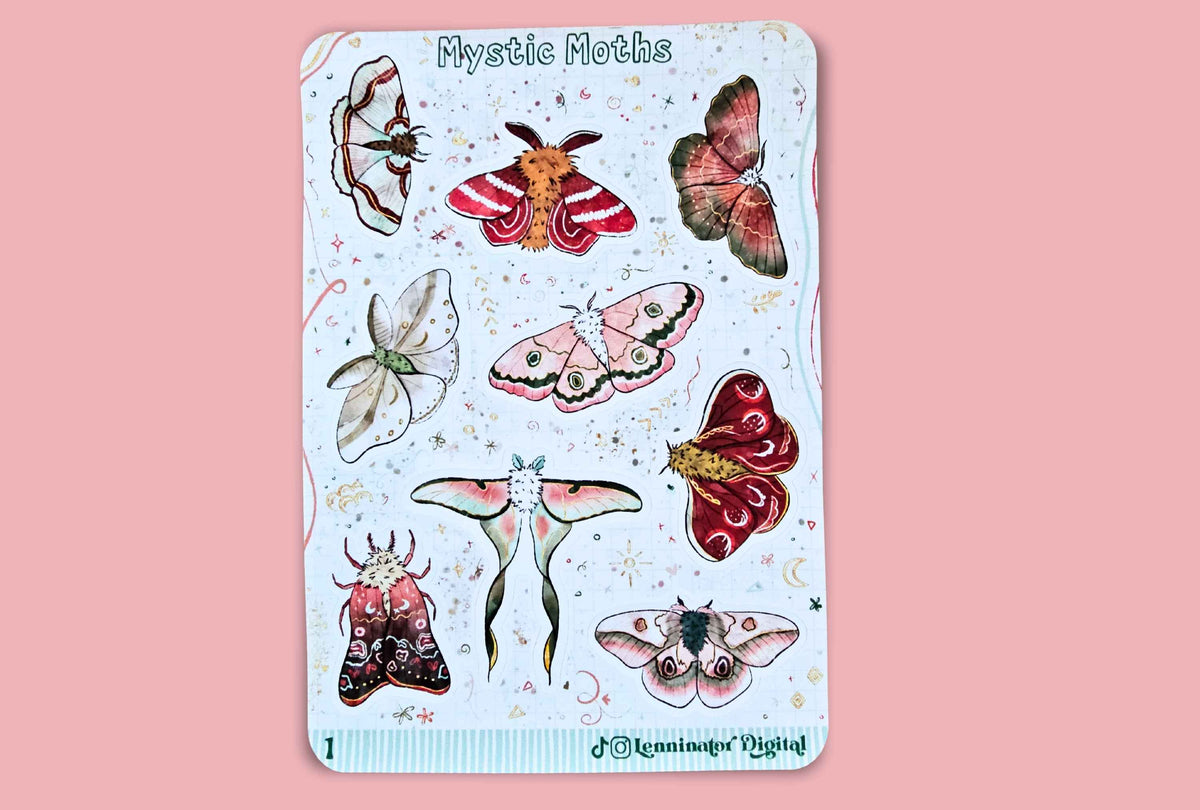 A vertical sticker sheet titled 'Mystic Moths' featuring various illustrated moths and butterflies in red, pink, green, and brown tones on a pale blue background, set against a solid pink backdrop.