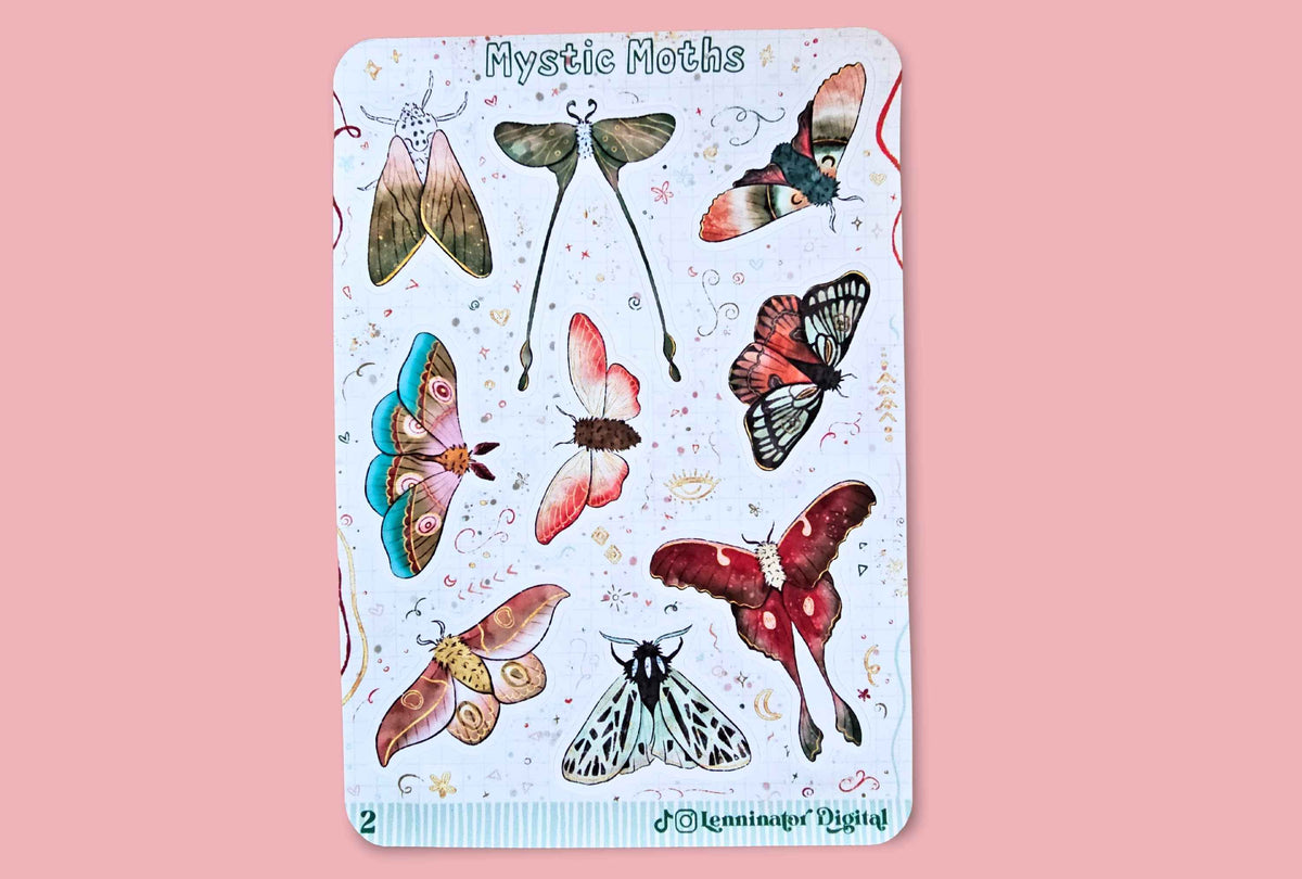 A vertical sticker sheet titled "Mystic Moths" featuring multiple colorful moth and butterfly drawings on a white background, placed against a solid pink backdrop.