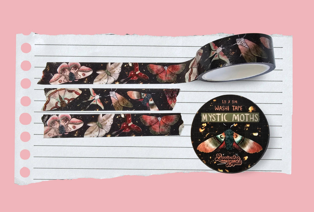 A washi tape in dark brown tones with magical moths with golden details