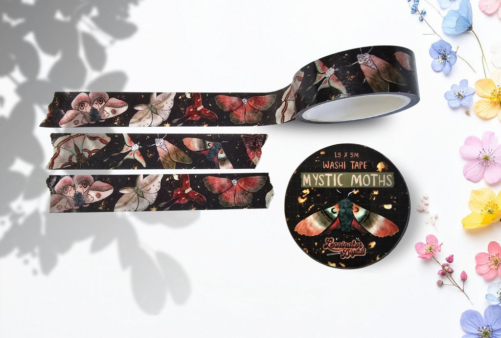 Mystic moth washi tape with various moth illustrations in green, red and beige tones. Fantasy themed butterflies