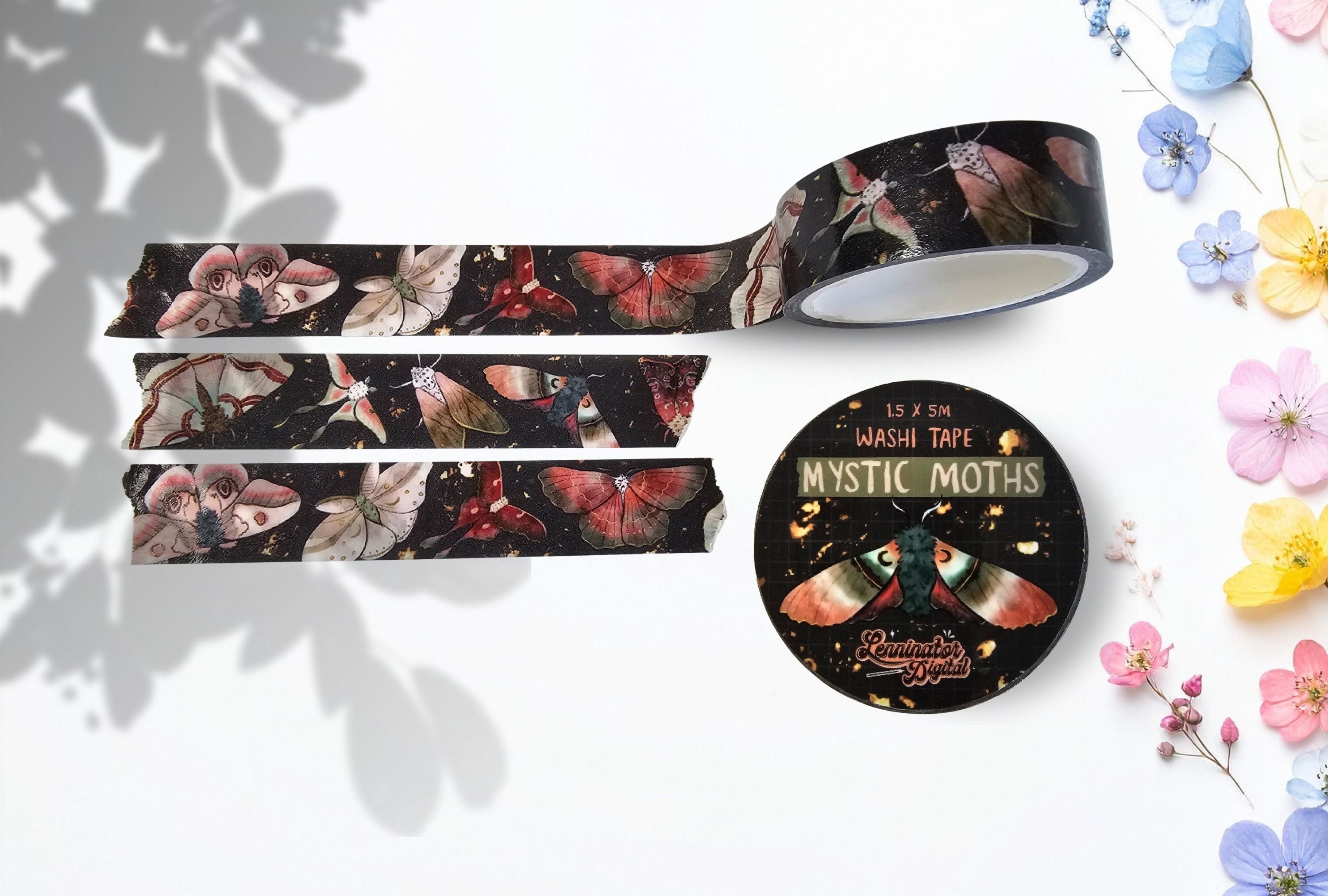 Mystic moth washi tape with various moth illustrations in green, red and beige tones. Fantasy themed butterflies