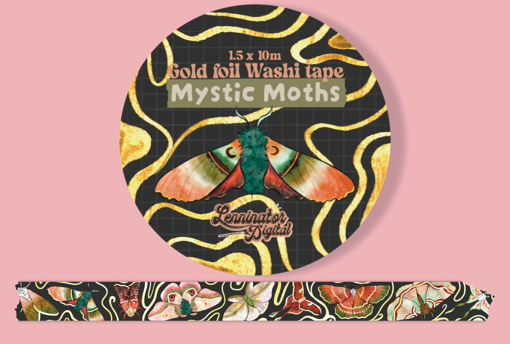 A roll of decorative washi tape labeled 'Mystic Moths' on a pink background, with the circular package showing a large moth illustration and a strip of the patterned tape displayed below.