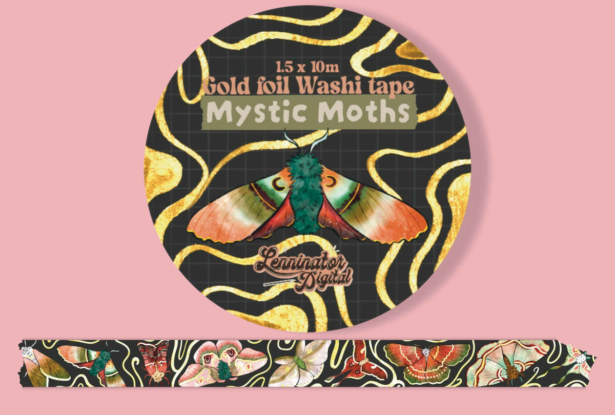 A roll of decorative washi tape labeled 'Mystic Moths' on a pink background, with the circular package showing a large moth illustration and a strip of the patterned tape displayed below.