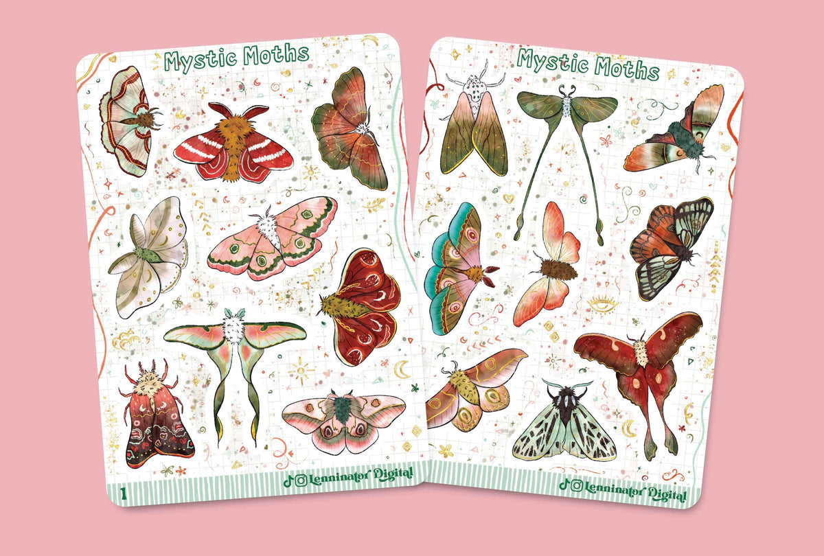 Two illustrated sticker sheets featuring various mystic moths and butterflies on a soft pink background.