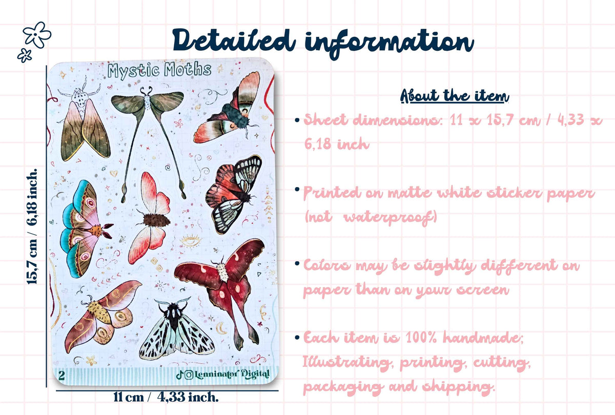 A product information graphic for a sheet of 'Mystic Moths' decorative stickers. The left side shows the sticker sheet itself, featuring various colorful moth and butterfly illustrations on a light blue background.