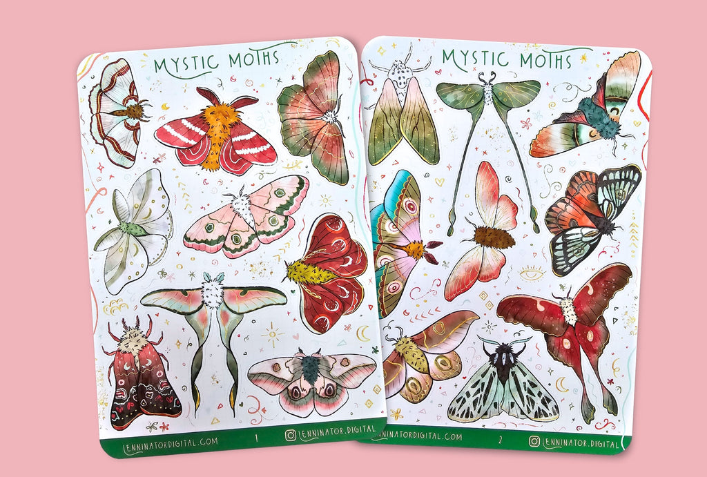 Two sheets of 'Mystic Moths' stickers on a textured surface. Magical butterflies with the colors green, red, brown, pink and blue with golden details.