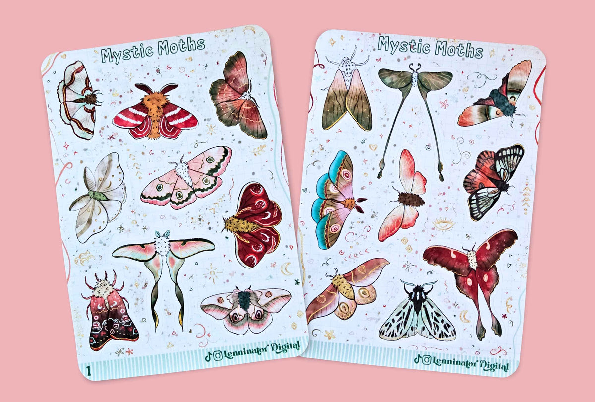 Two decorative sticker sheets titled 'Mystic Moths' featuring illustrated butterflies and moths on a pale blue background, displayed against a solid pink backdrop.
