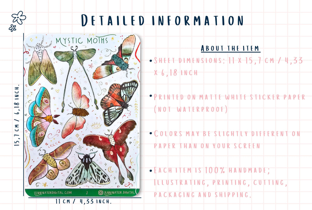 Mystic Moths sticker sheet with product details on a white background