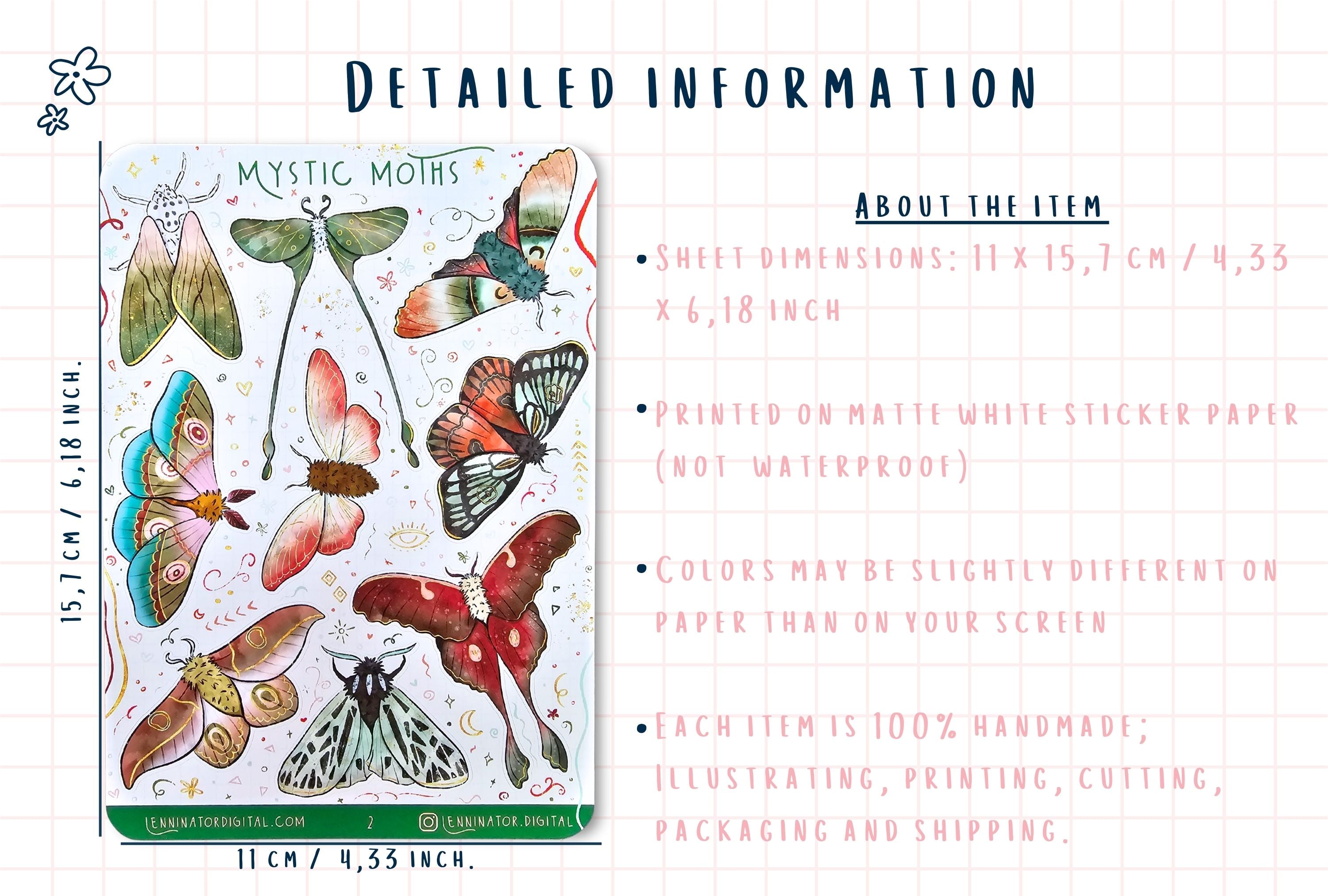 Mystic Moths sticker sheet with product details on a white background