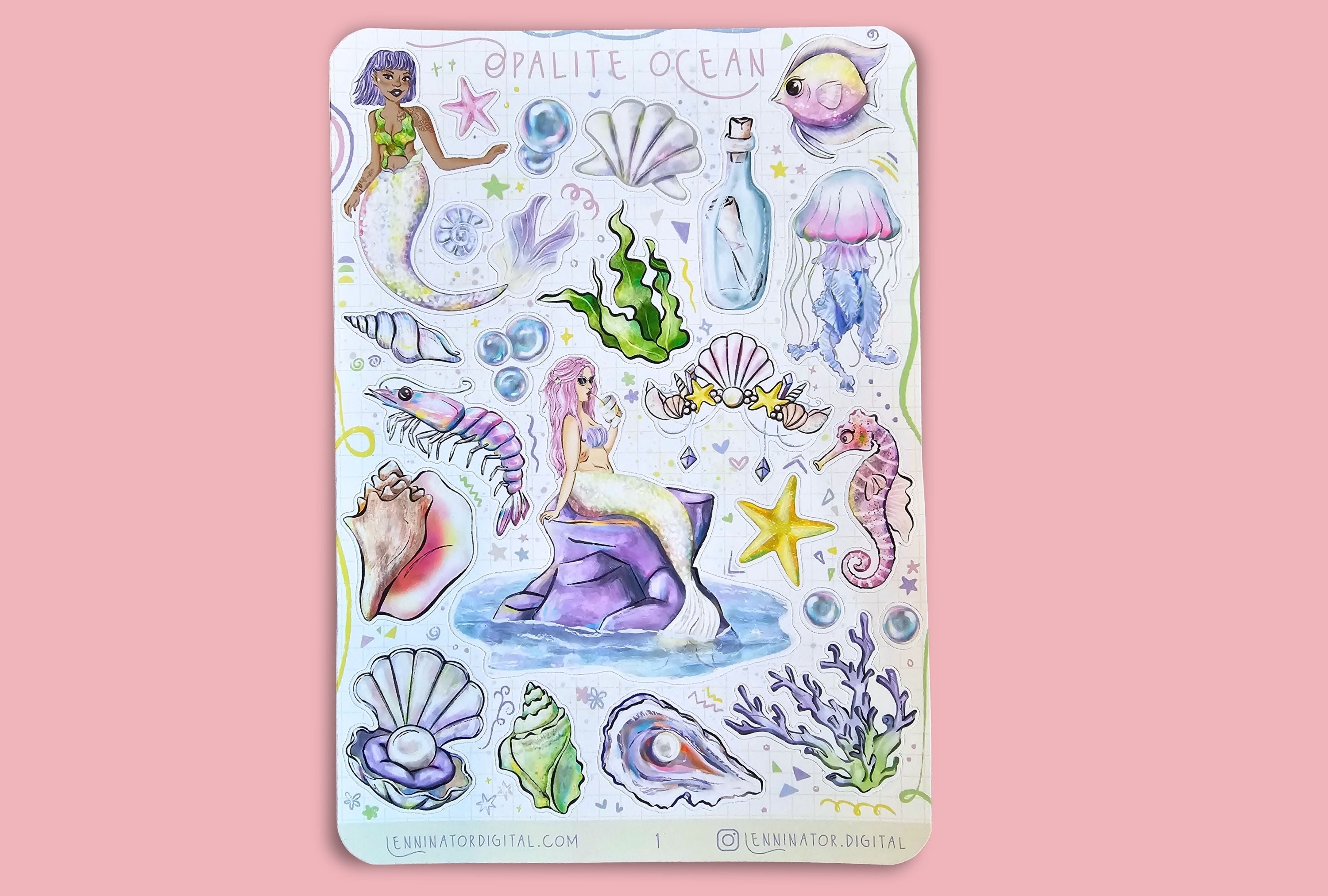 Sticker sheet with mermaid and ocean-themed designs on a pink background