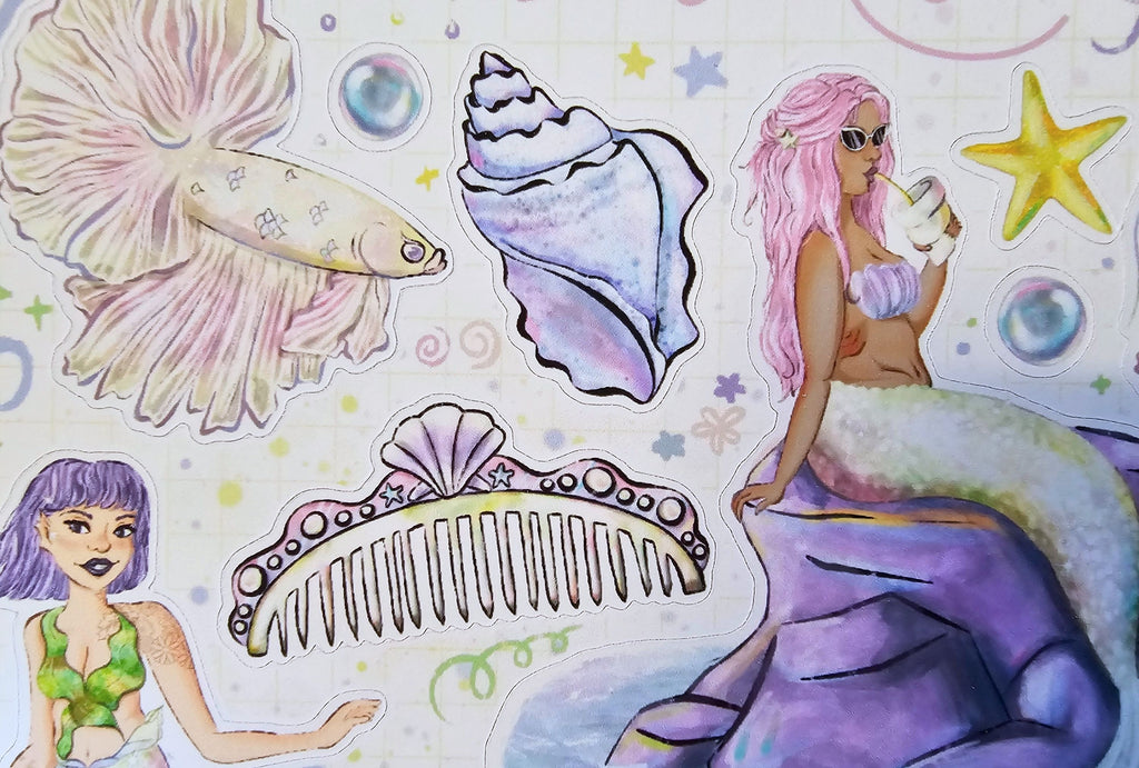 Illustration of mermaids and sea-themed objects on a colorful background