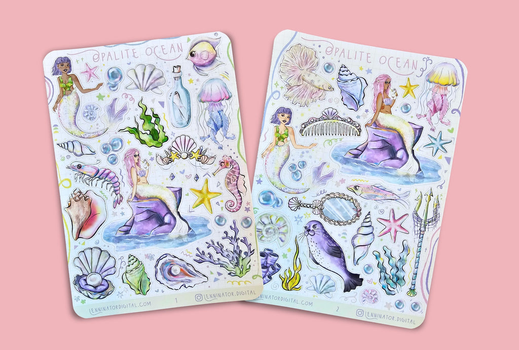 Two sticker sheets with mermaid and ocean-themed designs on a pink background