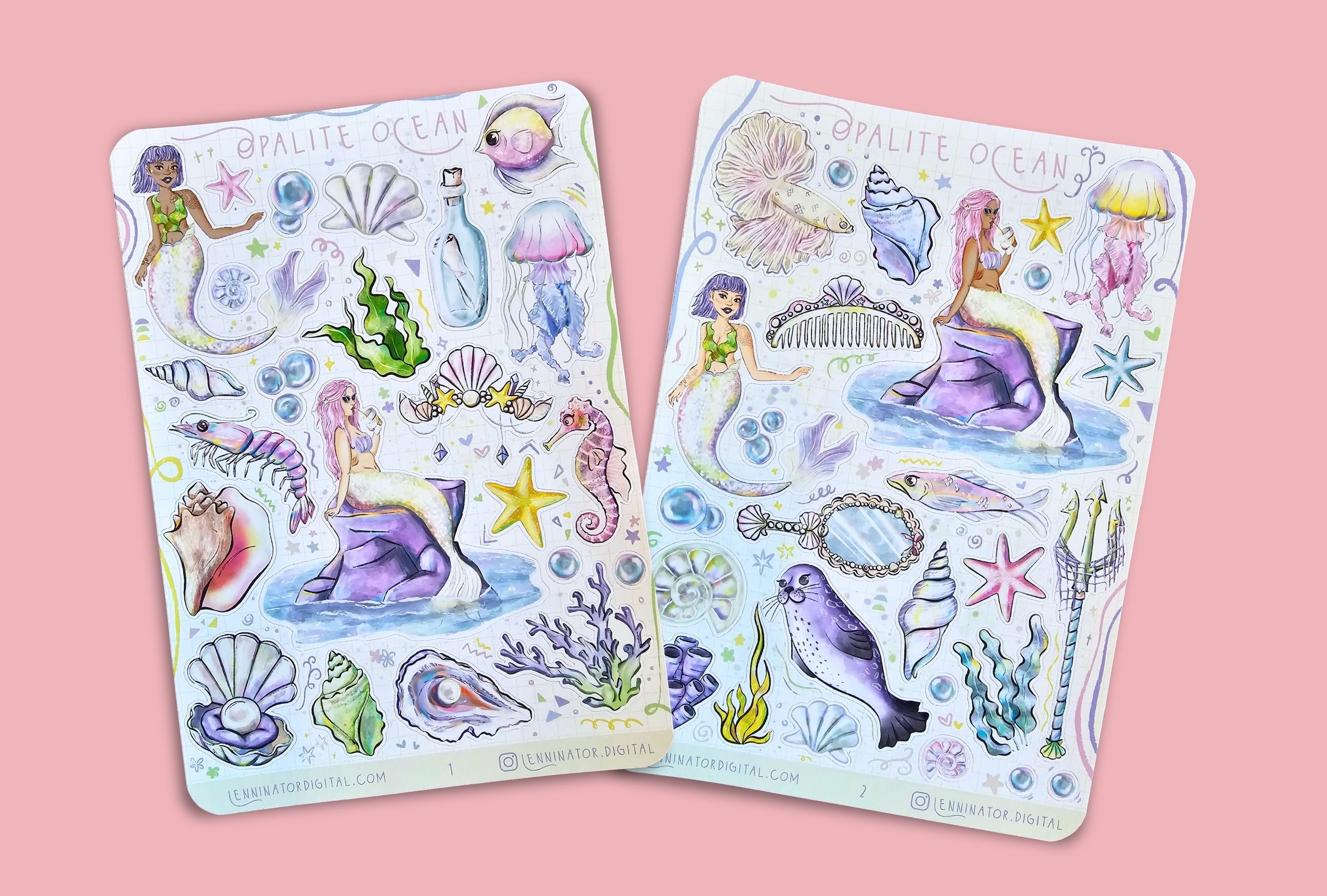 Two sticker sheets with mermaid and ocean-themed designs on a pink background