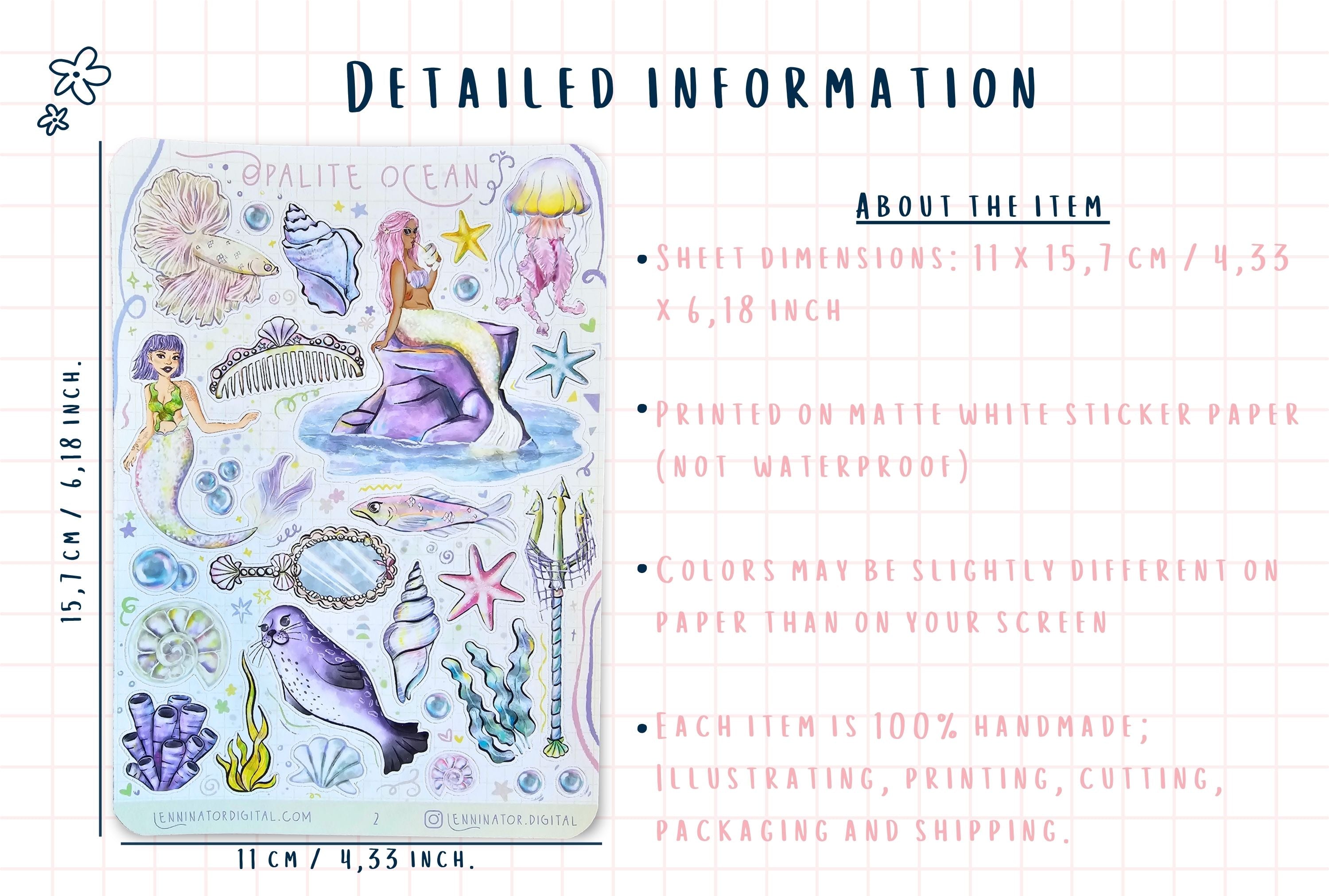 Mermaid-themed sticker sheet with dimensions and material details on a white background
