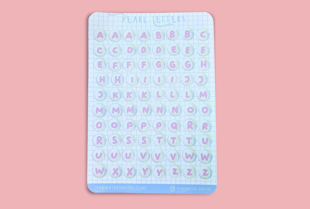 A sheet of pearl letters for stationery, featuring alphabet stickers in pastel colors on a light grid background, displayed against a solid pink backdrop.