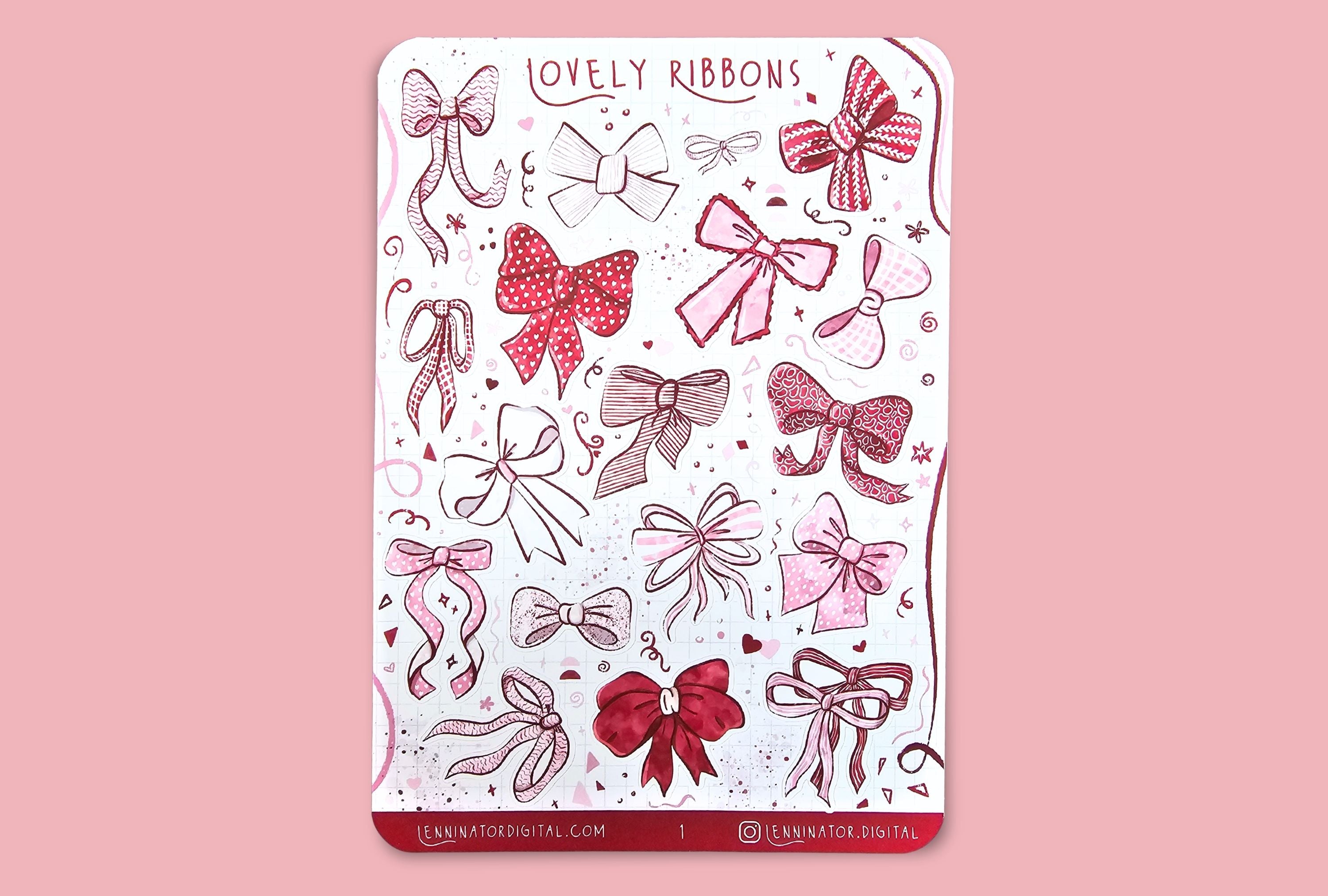Sticker sheet with red and pink bows on a light gray background, surrounded by decorative hearts.